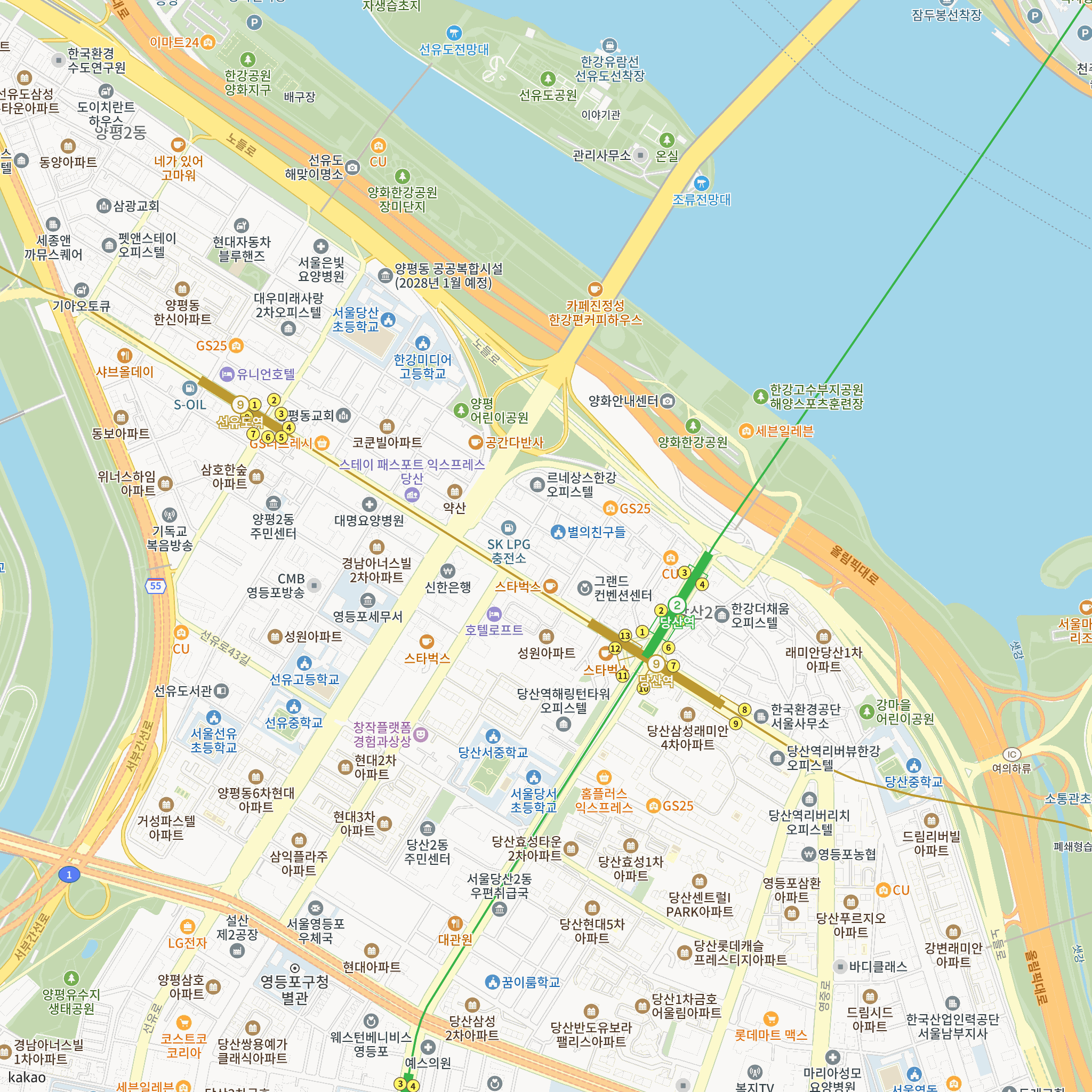 당산역 더클래스 한강 반경 1km 주변 시설 지도
