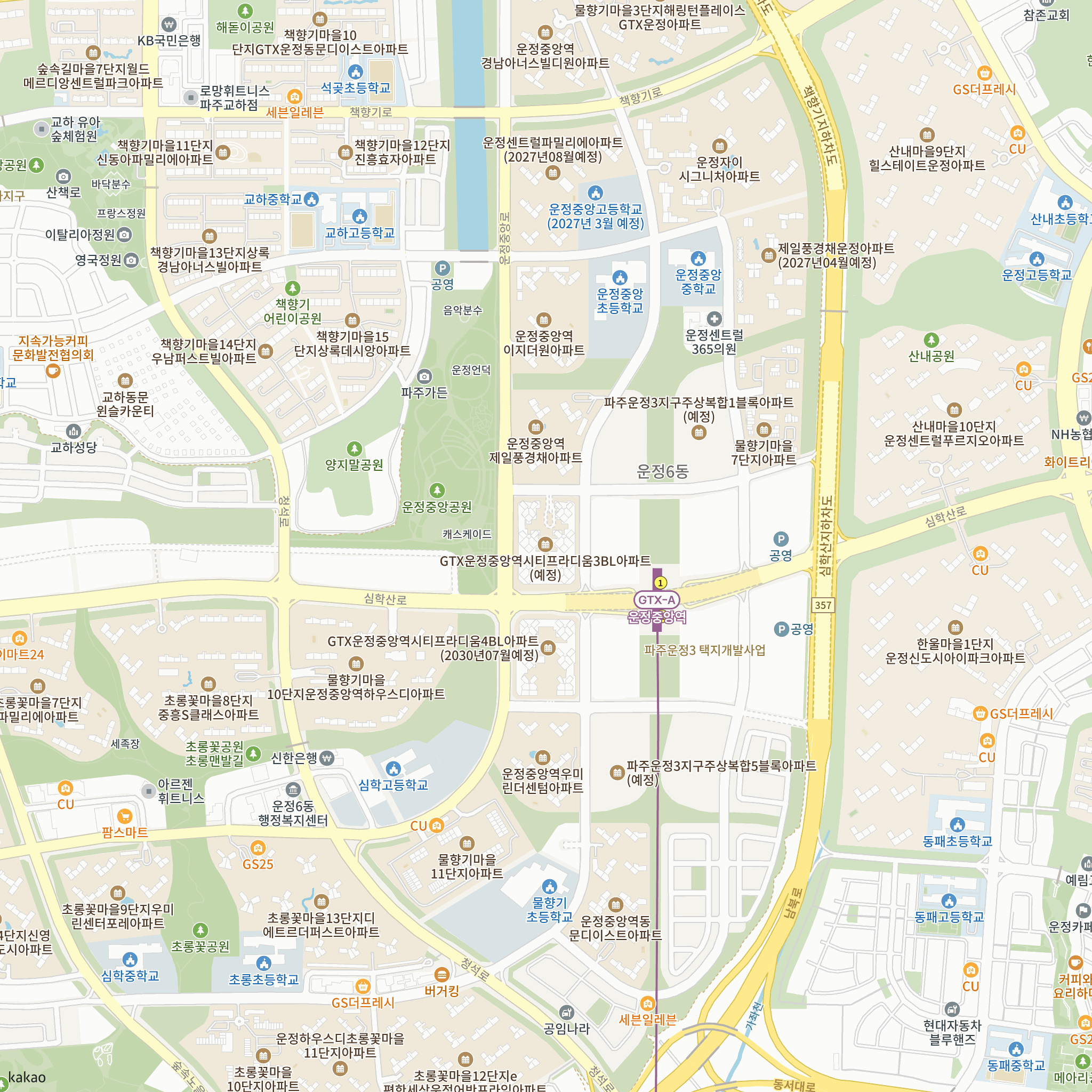 GTX운정중앙역 시티프라디움 3단지(후속사업) 반경 1km 주변 시설 지도
