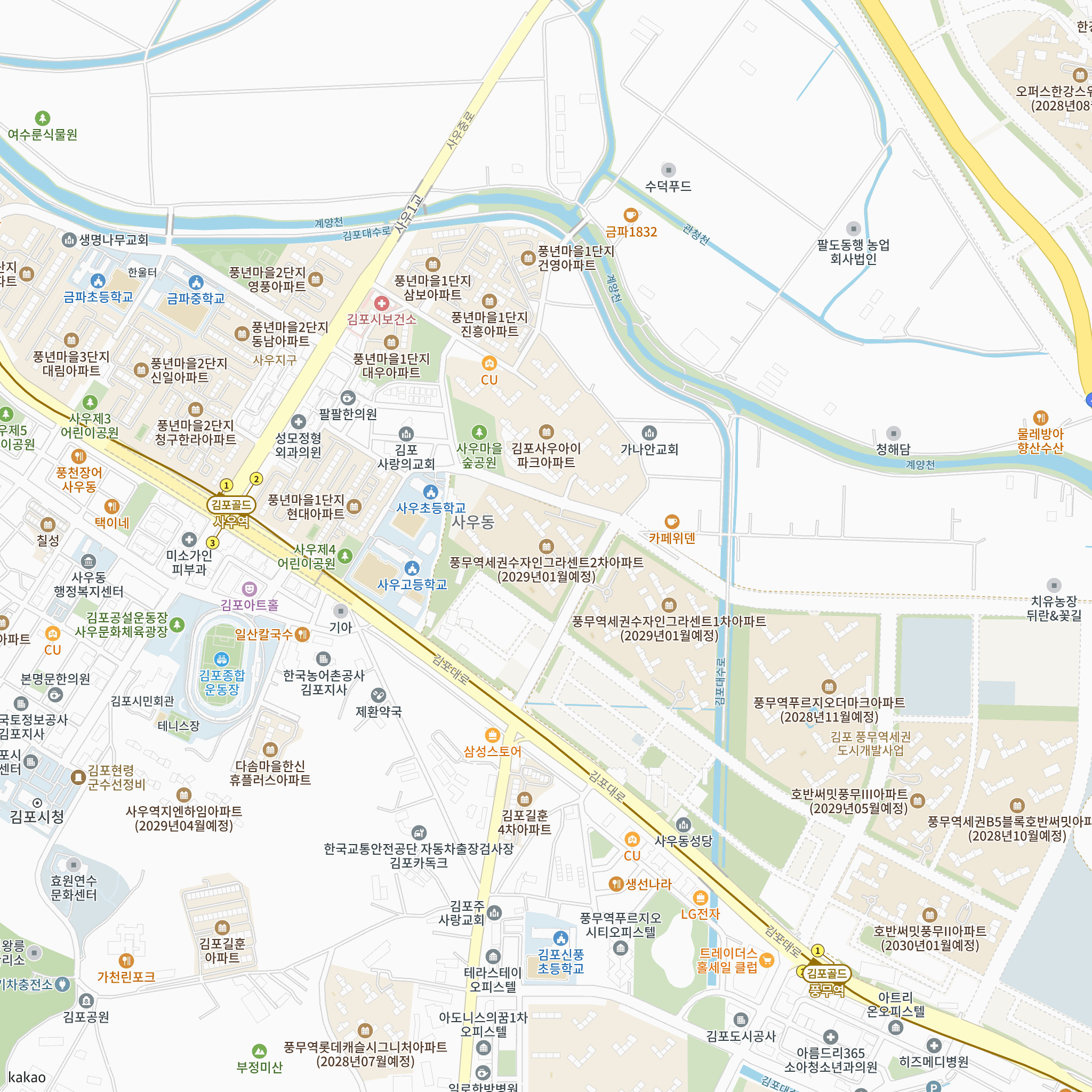 풍무역세권 수자인 그라센트 2차(4차) 반경 1km 주변 시설 지도