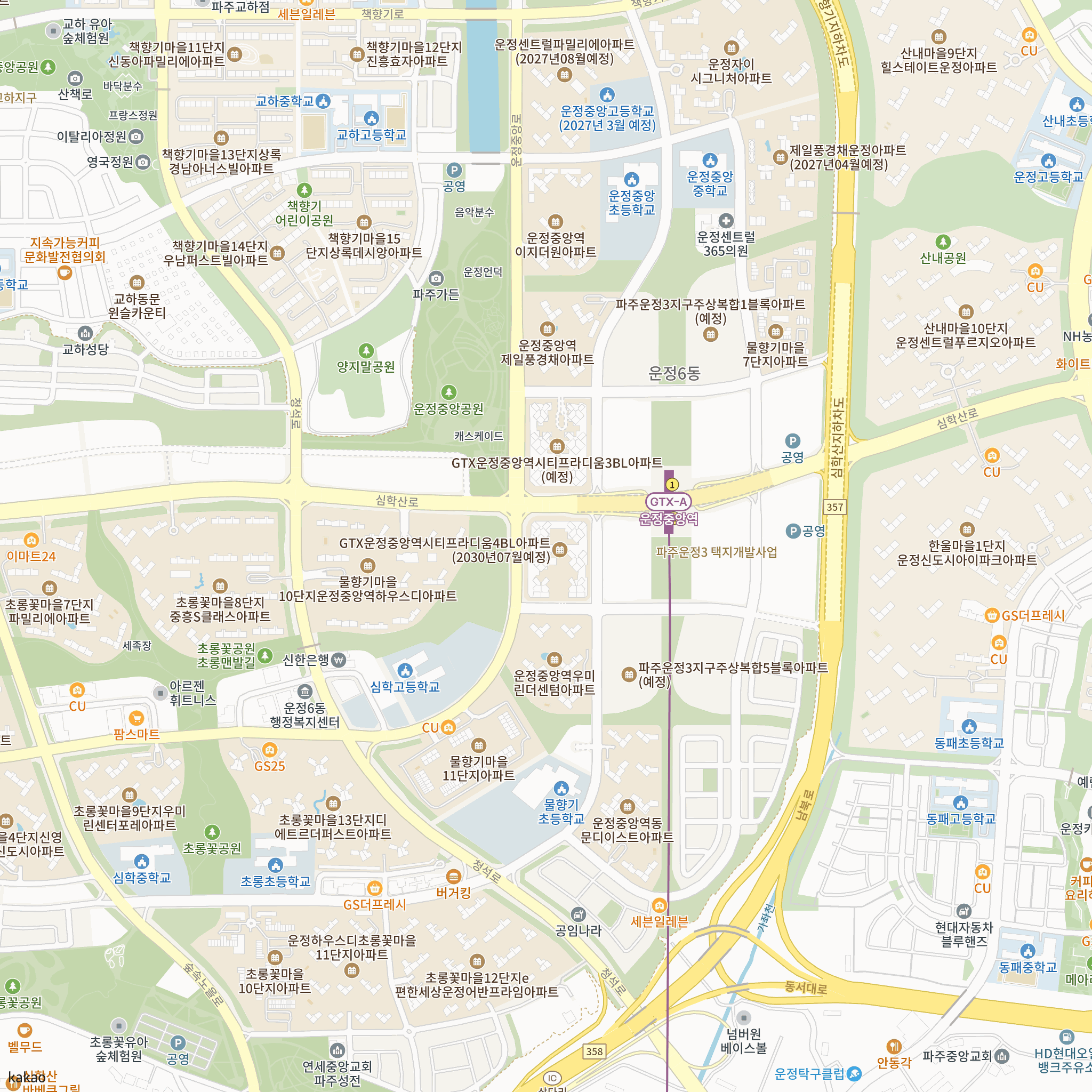 GTX운정중앙역 시티프라디움 4단지(후속사업) 반경 1km 주변 시설 지도