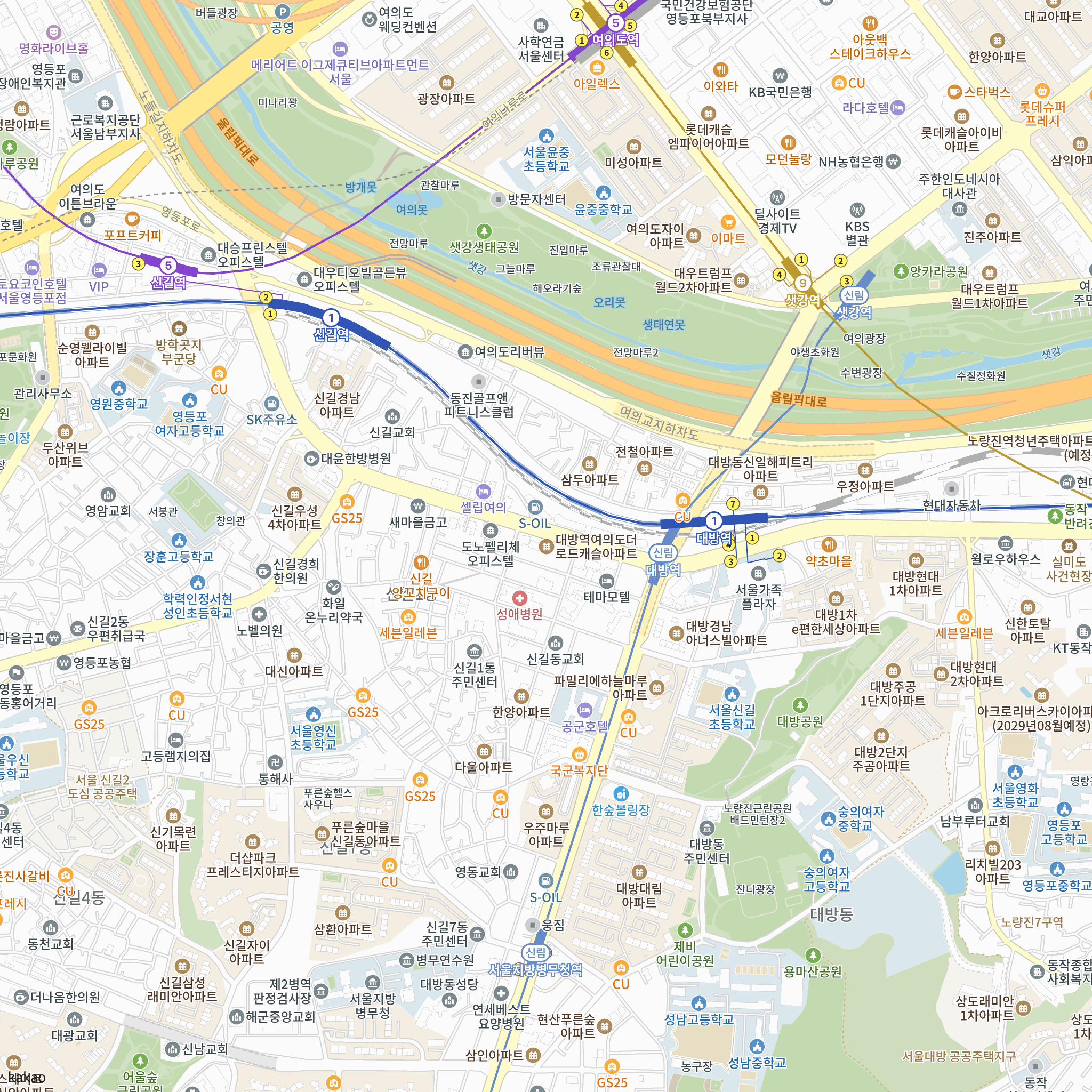 대방역 여의도 더로드캐슬 반경 1km 주변 시설 지도