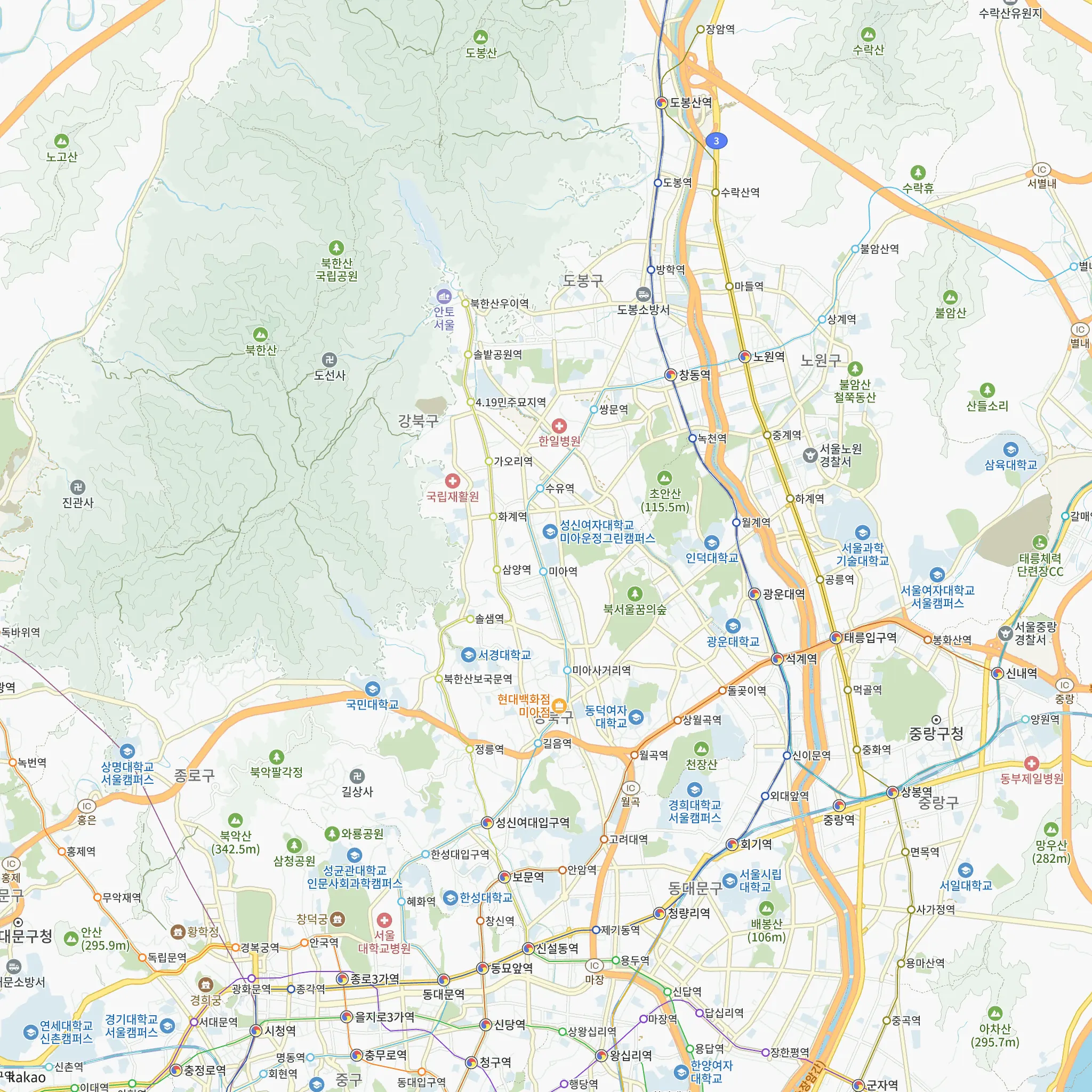 강북구와 인접 지역 지도에 표시한 더 리치먼드 미아(2차) 위치