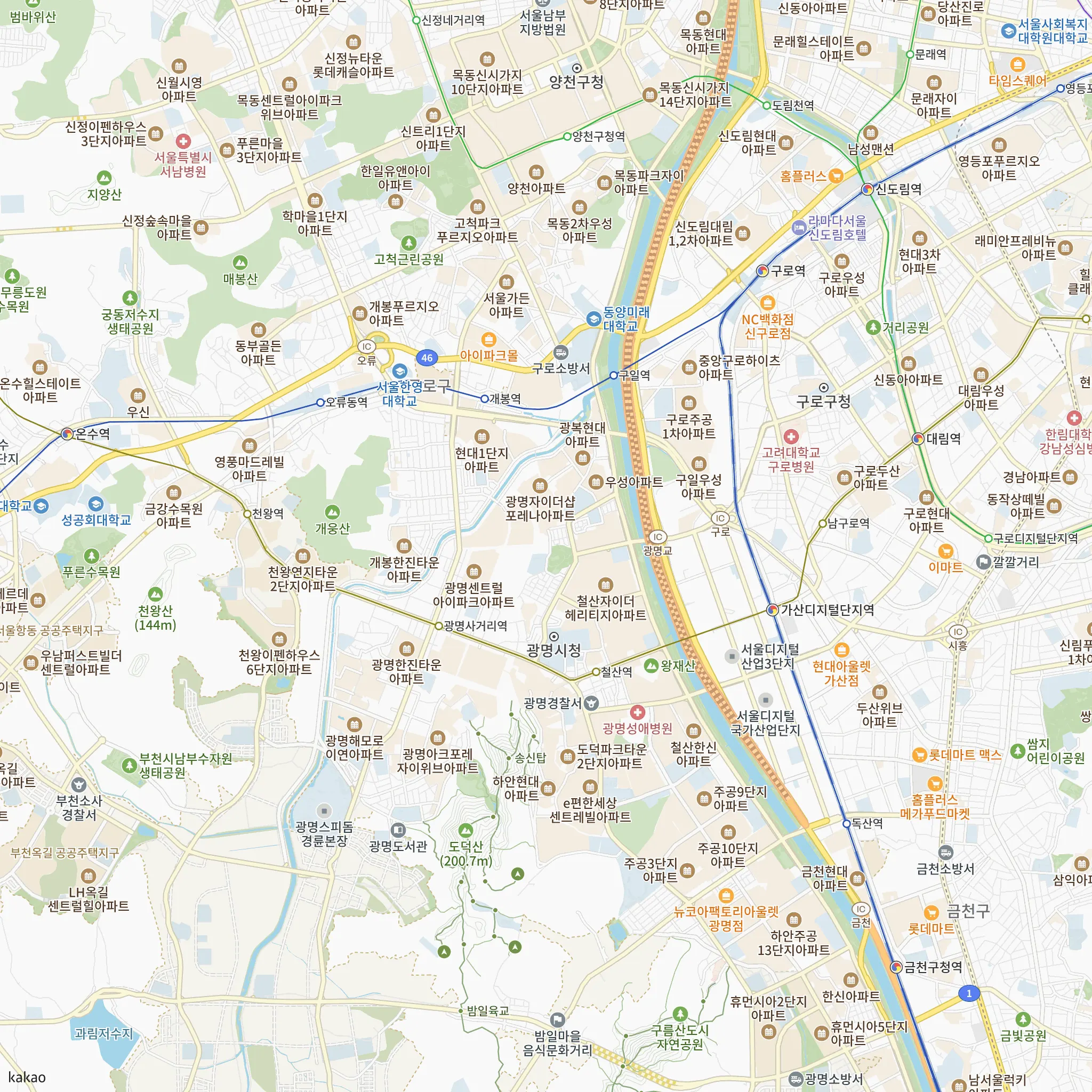 철산자이 더 헤리티지에서 가장 가까운 철산역과 1호선·2호선·5호선·7호선 노선 지도