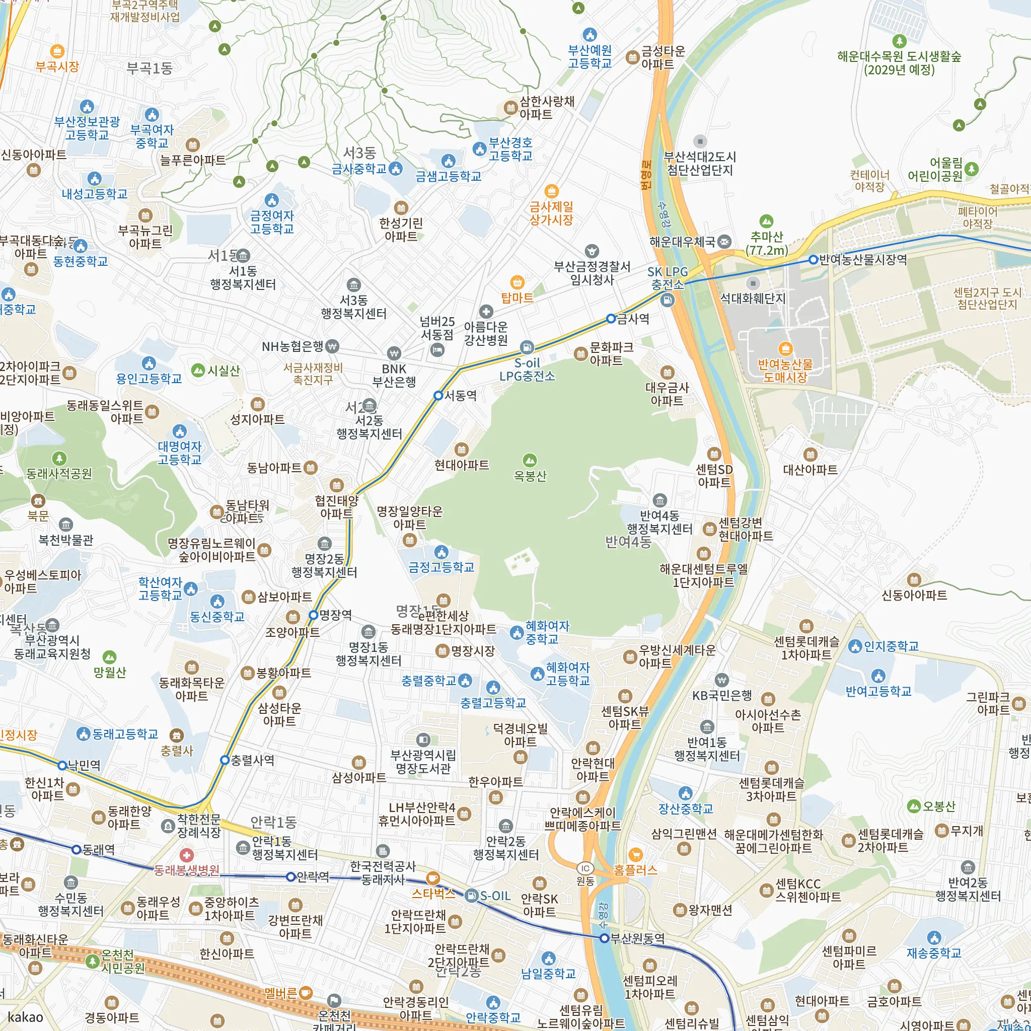 트리븐센텀 1단지에서 가장 가까운 서동역과 부산4호선·동해선 노선 지도