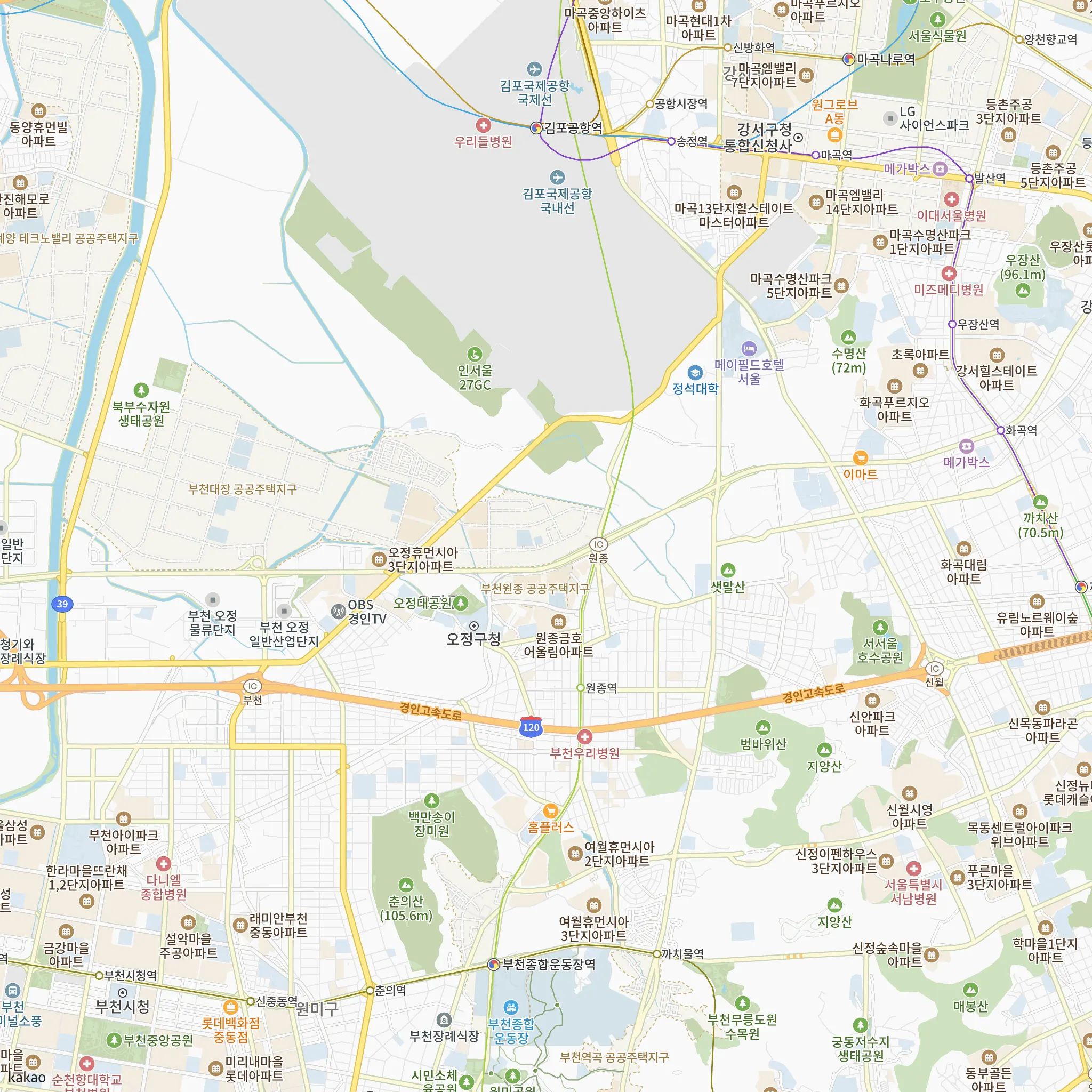 중앙하이츠 원종역(3차)에서 가장 가까운 원종역과 2호선·5호선·7호선·공항철도·9호선·김포골드라인·서해선 노선 지도