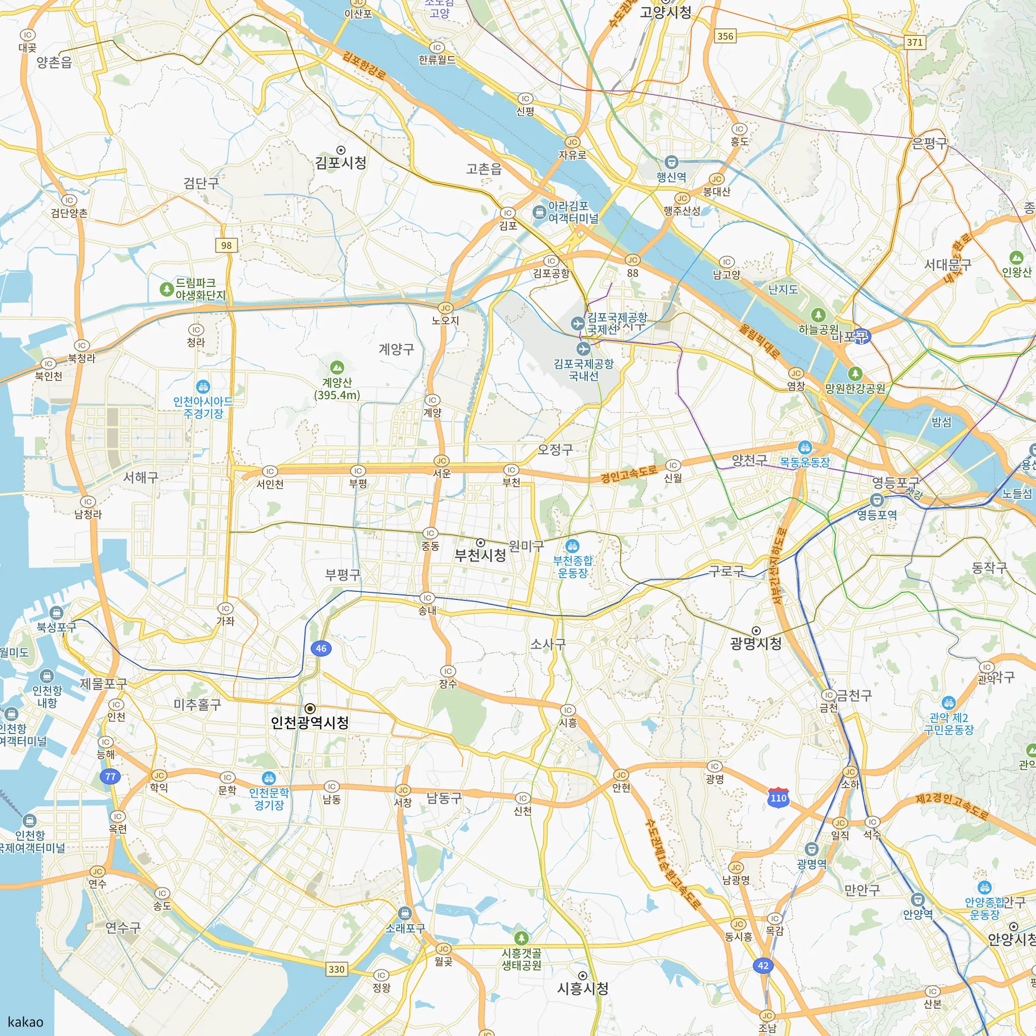 부천시와 인접 지역 지도에 표시한 중앙하이츠 원종역(3차) 위치
