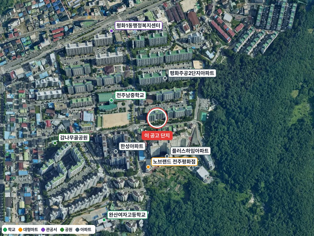 전주평화1 영구임대주택 입주자격완화 예비입주자 모집공고 항공사진 — 빨간 원이 단지 위치(국토부 브이월드) · 주변 시설 8곳 표시