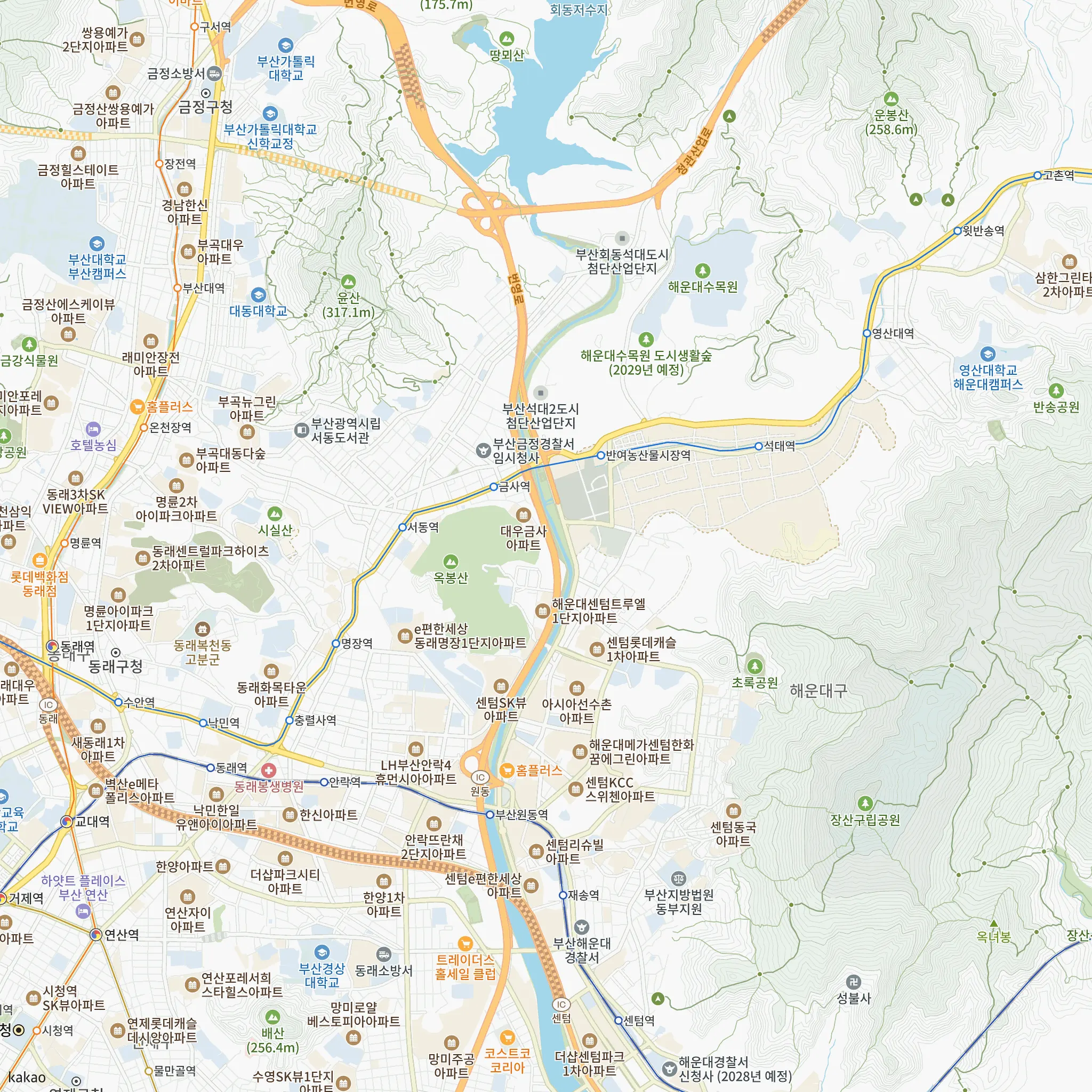 트리븐센텀 2단지에서 가장 가까운 금사역과 부산1호선·부산3호선·부산4호선·동해선 노선 지도