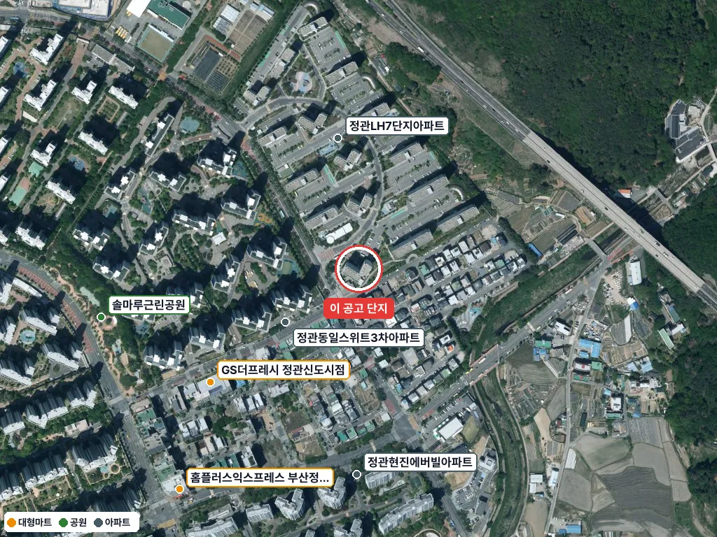 LH임대주택 기장군 중소기업 근로자 공공임대주택 기관공급 사업 대상기업 모집계획 공고 항공사진 — 빨간 원이 대표 단지 「정관7단지」 위치(국토부 브이월드) · 주변 시설 6곳 표시