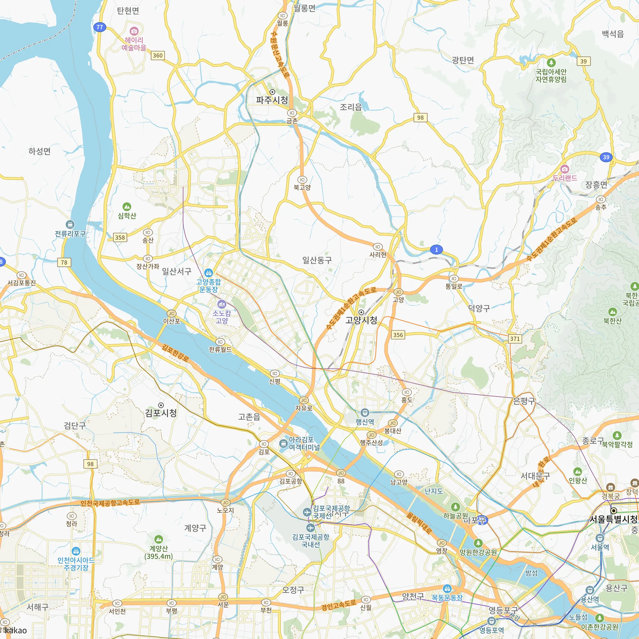 고양시와 인접 지역 지도에 표시한 고양 장항 아테라 위치
