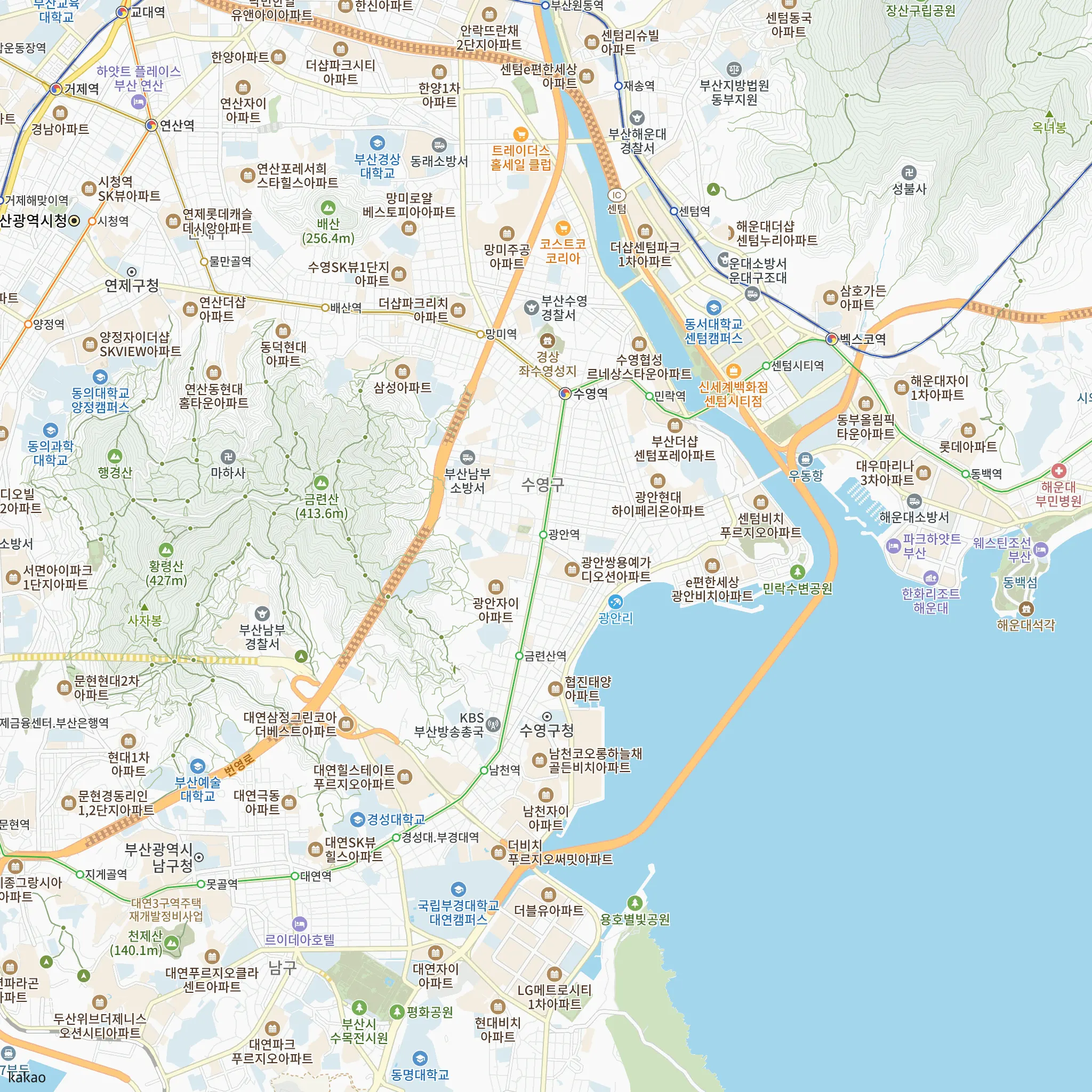 광안센텀 비스타동원(조합원 취소분) 안전마진 계산에 쓴 비교단지 40곳을 5개 묶음으로 나눈 위치 지도