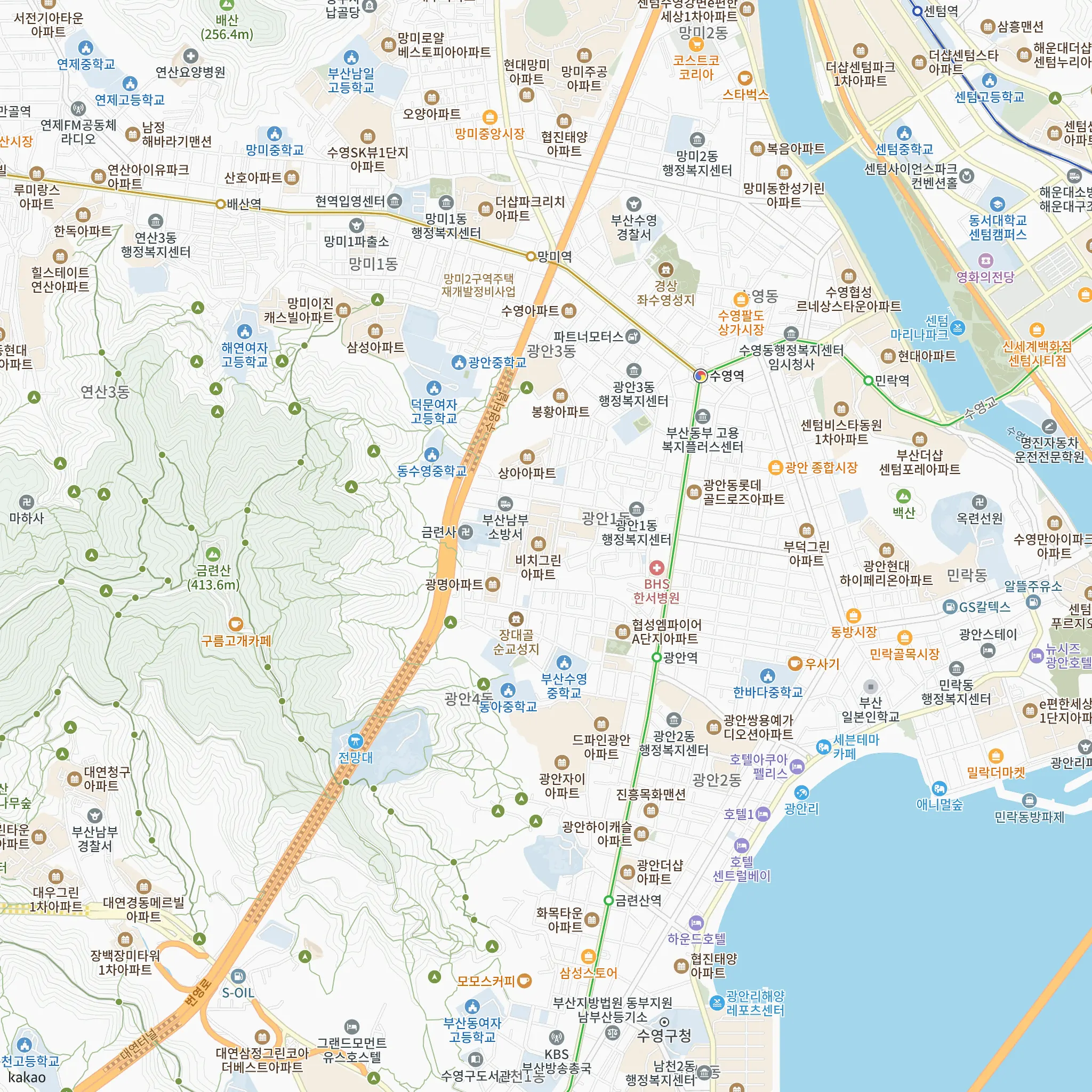 광안센텀 비스타동원(조합원 취소분)에서 가장 가까운 망미역과 부산2호선·부산3호선·동해선 노선 지도
