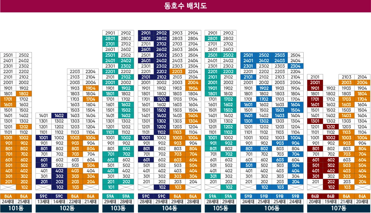 광안센텀 비스타동원(조합원 취소분) 동호수 배치도(동별 전체 호수표)