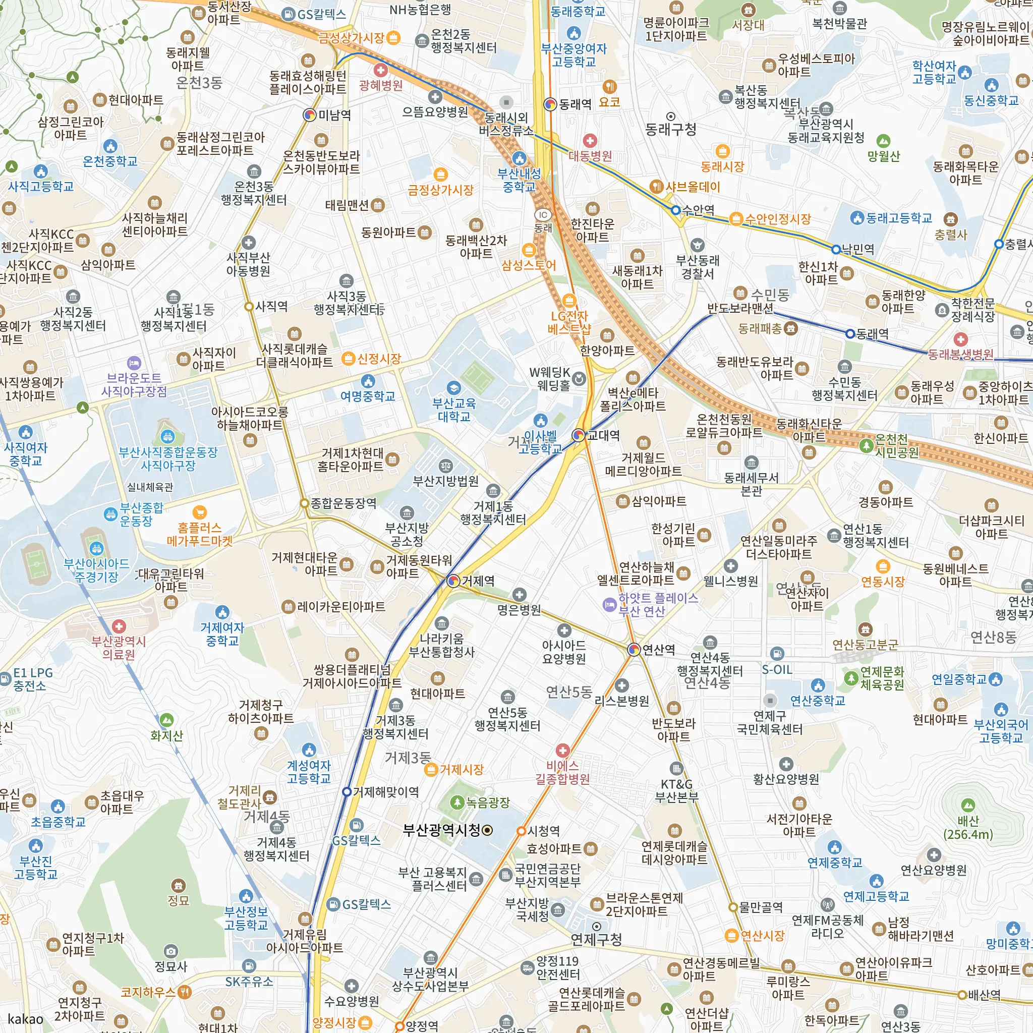 연제갤러리자이에서 가장 가까운 연산역과 부산1호선·부산3호선·부산4호선·동해선 노선 지도