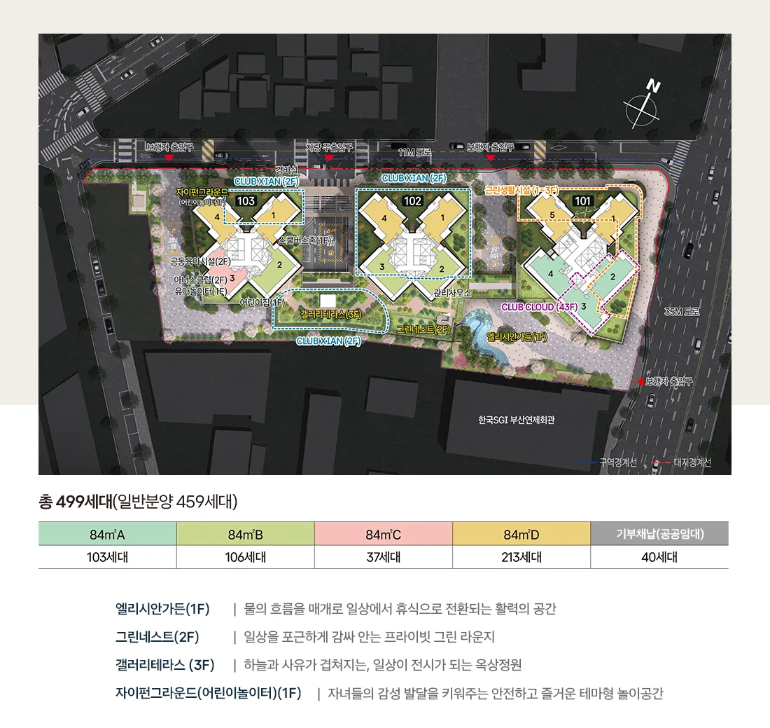 연제갤러리자이 단지배치도(101·102·103동 배치, 타입별 세대수 표)