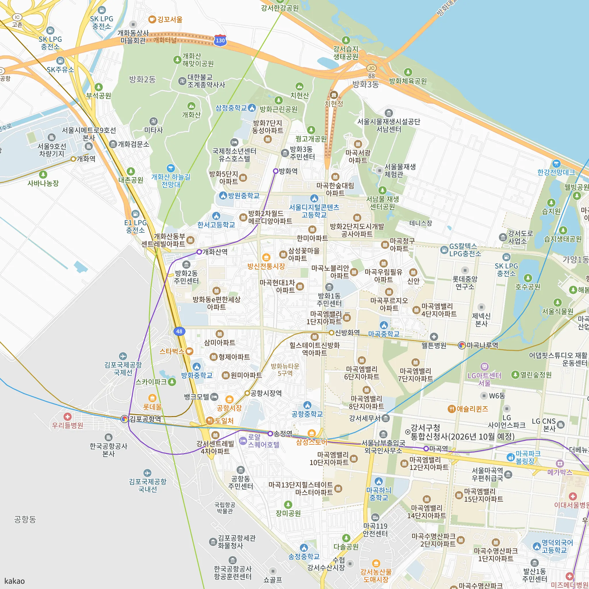 마곡스카이온에서 가장 가까운 개화산역과 5호선·공항철도·9호선·김포골드라인·서해선 노선 지도