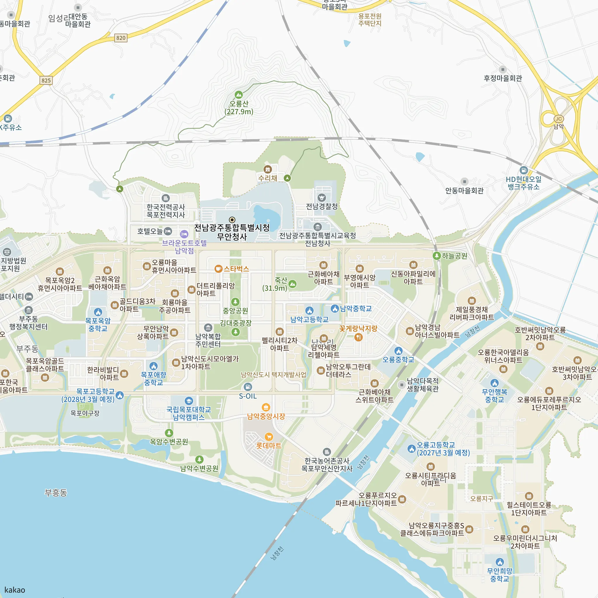 무안 오룡마을 남악휴먼시아 잔여세대 일반매각 공고(상시, 유주택) 안전마진 계산에 쓴 비교단지 중 비중 큰 4곳의 위치 지도