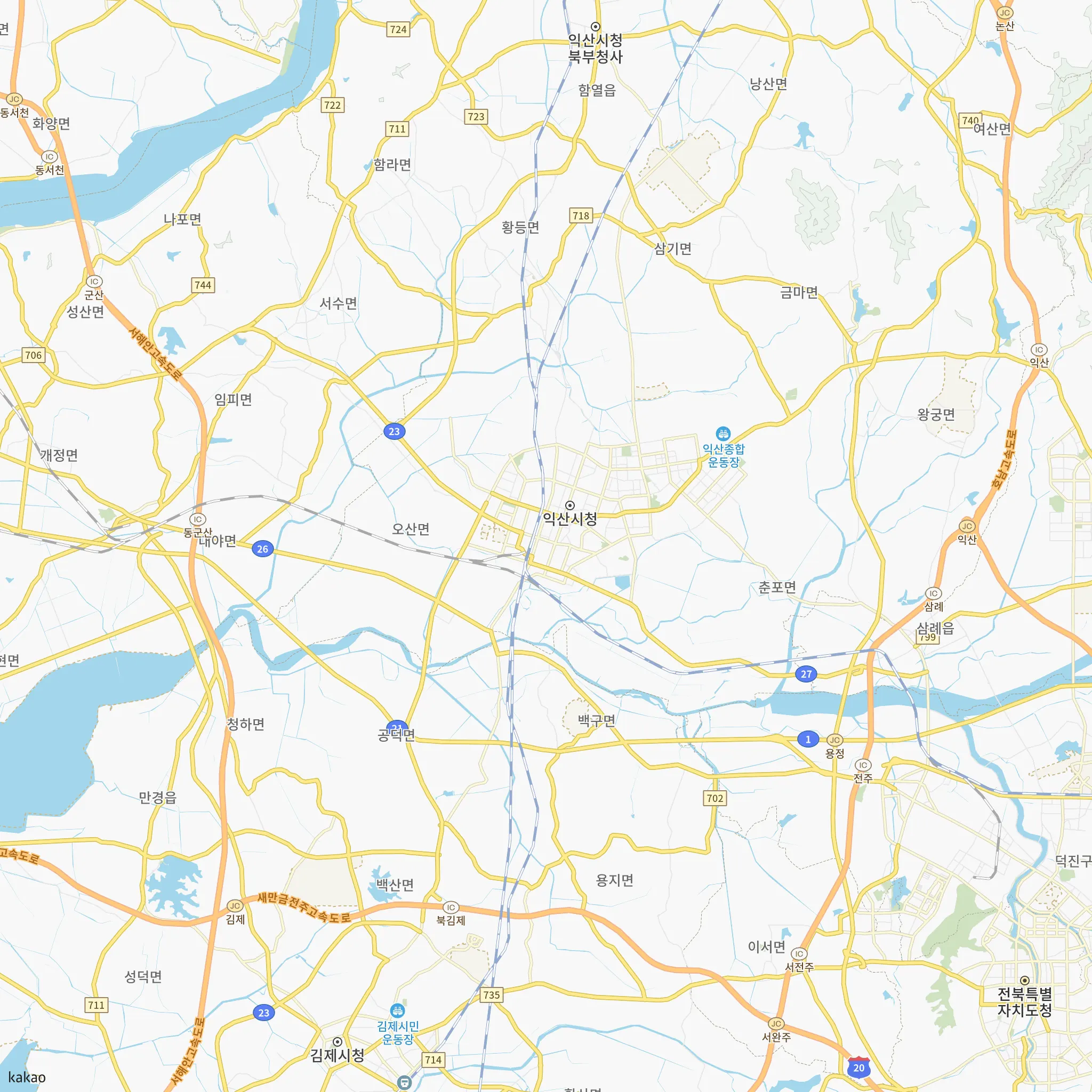 익산시와 인접 지역 지도에 표시한 익산한스빌 국민임대주택 예비입주자 자격완화 모집 공고 위치