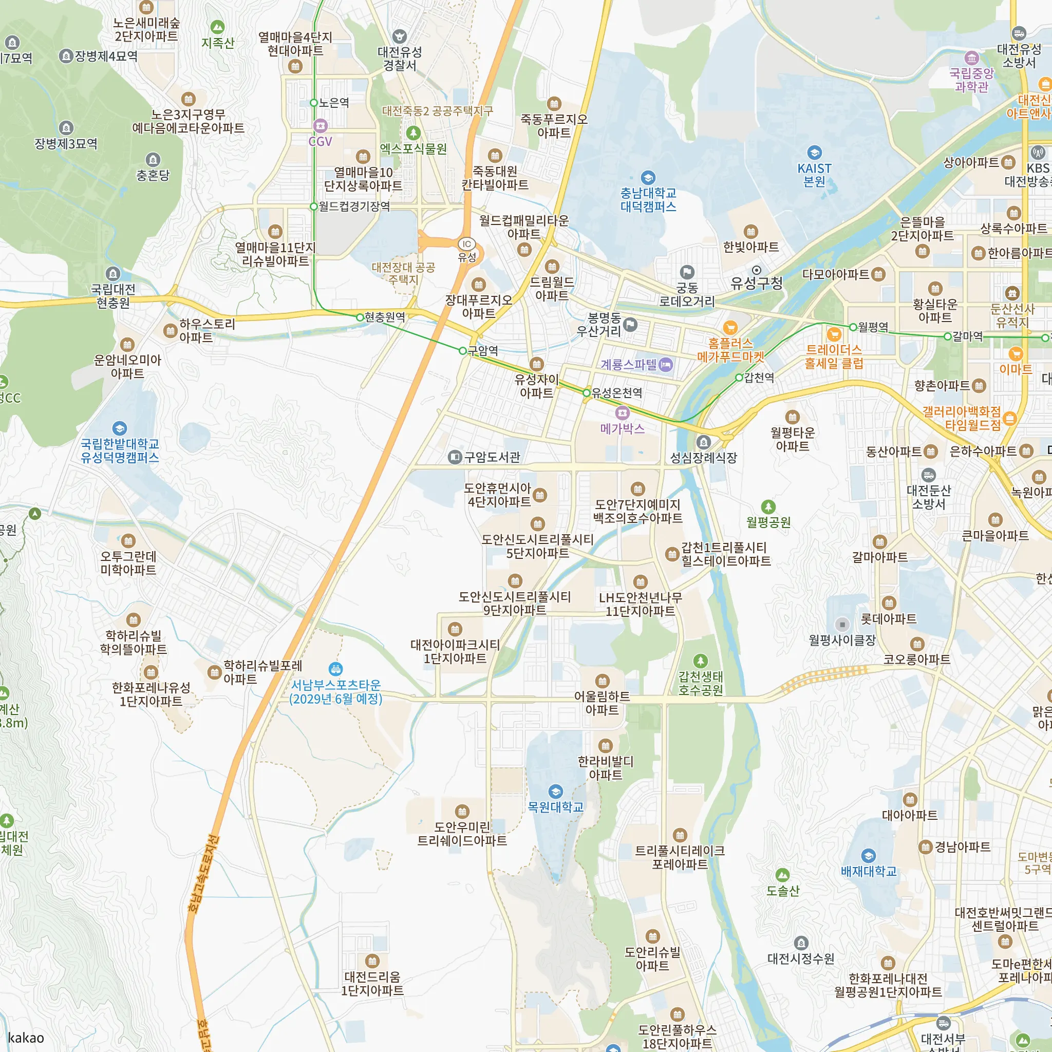 도안자이 센텀리체 2단지에서 가장 가까운 유성온천역과 대전1호선 노선 지도