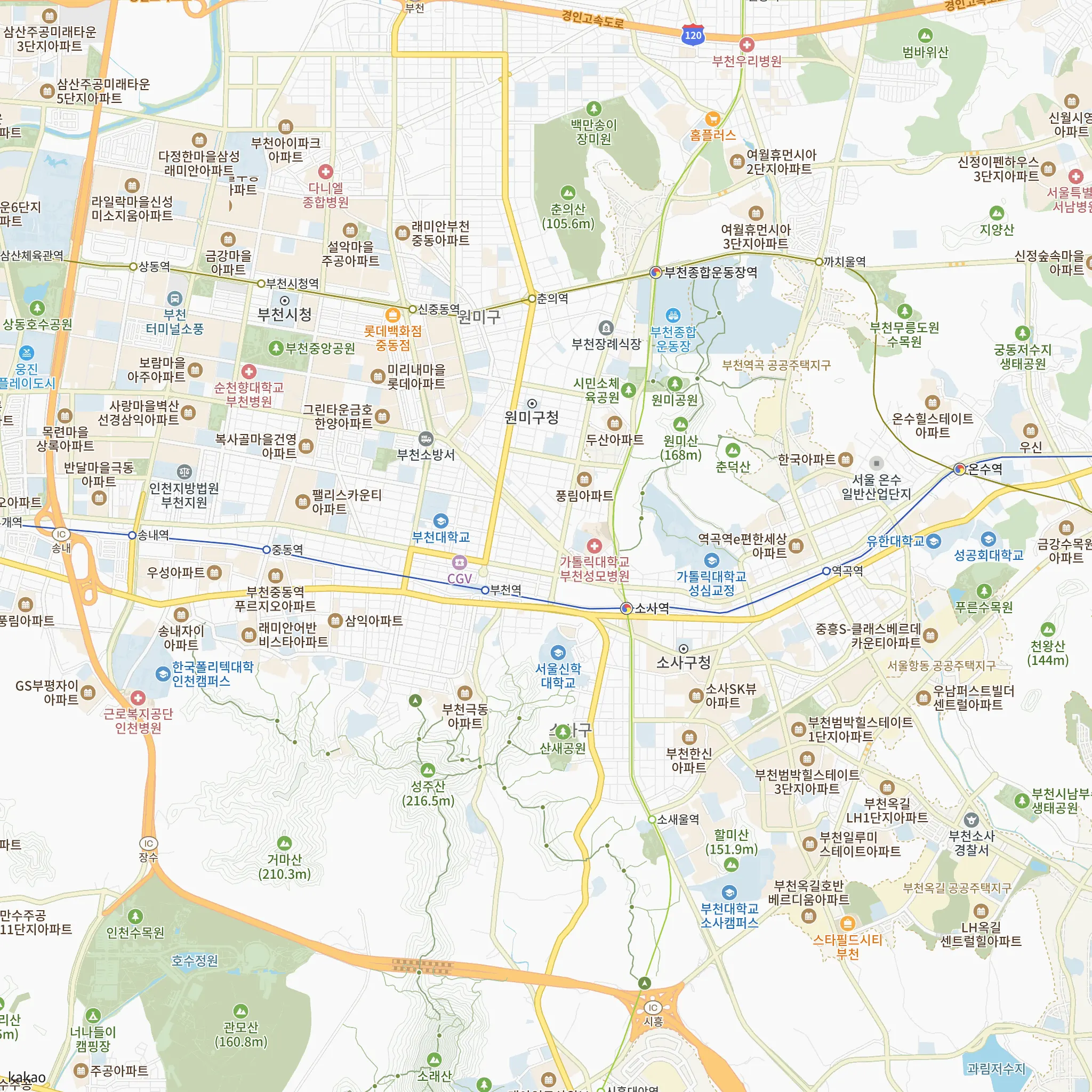 두산위브더제니스 부천에서 가장 가까운 소사역과 1호선·7호선·인천2호선·서해선 노선 지도