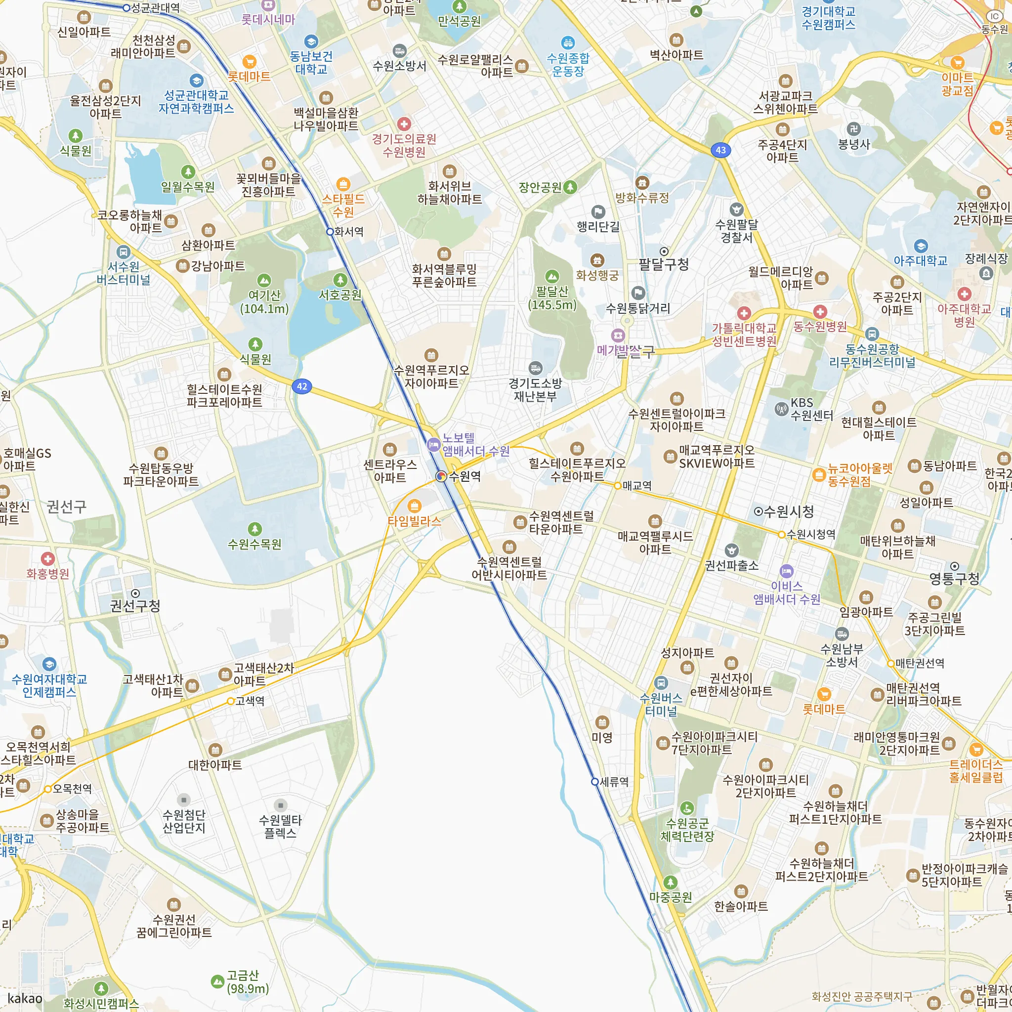 수원역 아너스빌 플라츠에서 가장 가까운 수원역과 1호선·신분당선·수인분당선 노선 지도