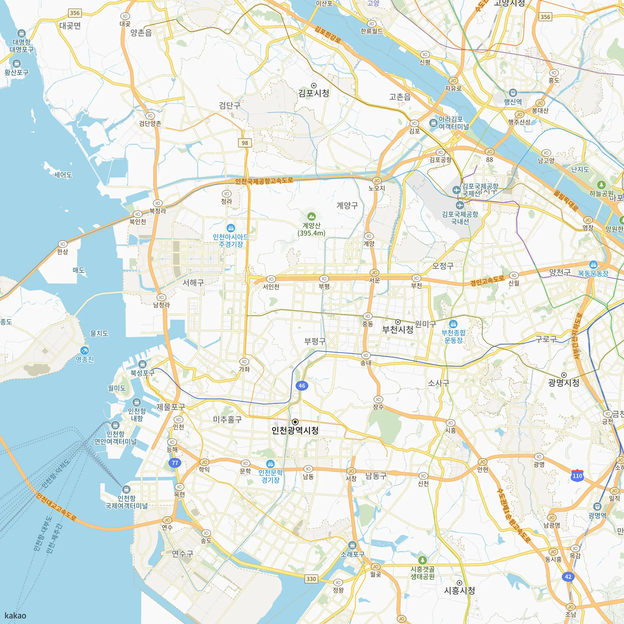 부평구와 인접 지역 지도에 표시한 산곡역자이힐스테이트앤하늘채 위치