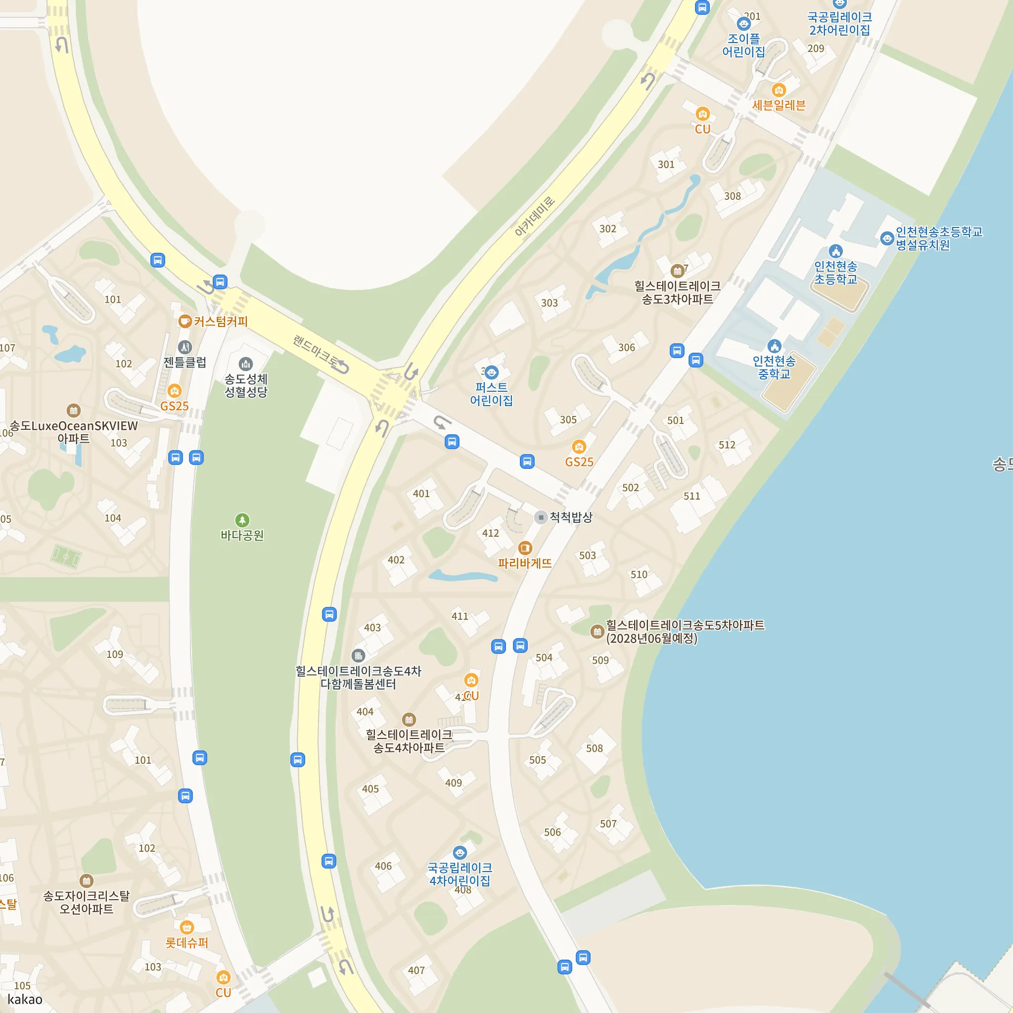 힐스테이트 레이크 송도 4차(2차) 안전마진 계산에 쓴 비교단지 4곳을 2개 묶음으로 나눈 위치 지도