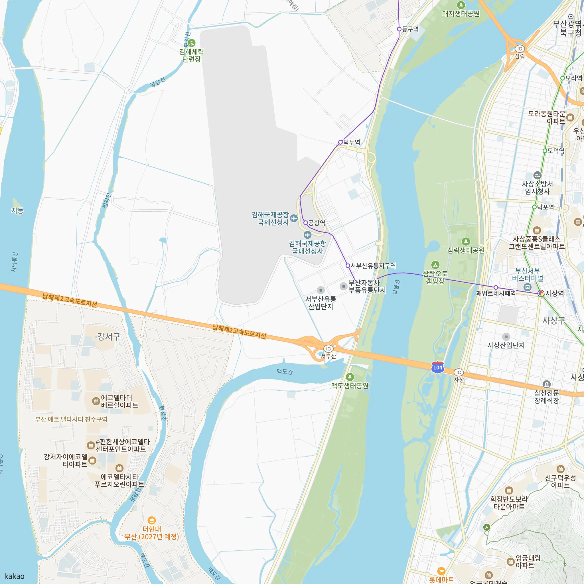 e편한세상 에코델타 센터포인트(19BL)에서 가장 가까운 공항(김해)역과 부산2호선·부산김해경전철 노선 지도