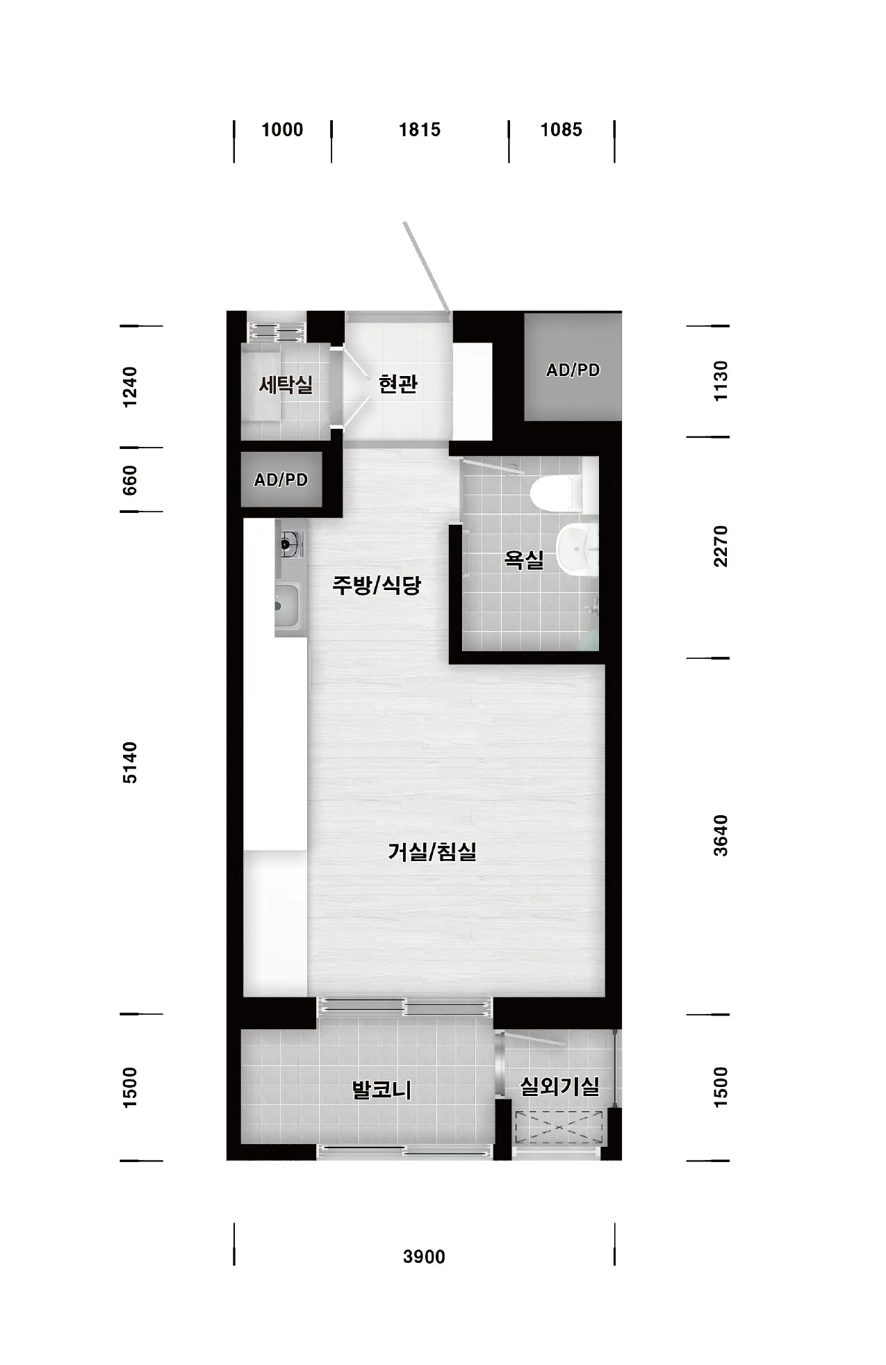 광주우산·영광단주 행복주택 입주자격완화 예비입주자 모집 평면도 (세탁실+거실/침실+욕실+주방/식당+발코니+실외기실, 3900 폭)(공식 홈페이지)