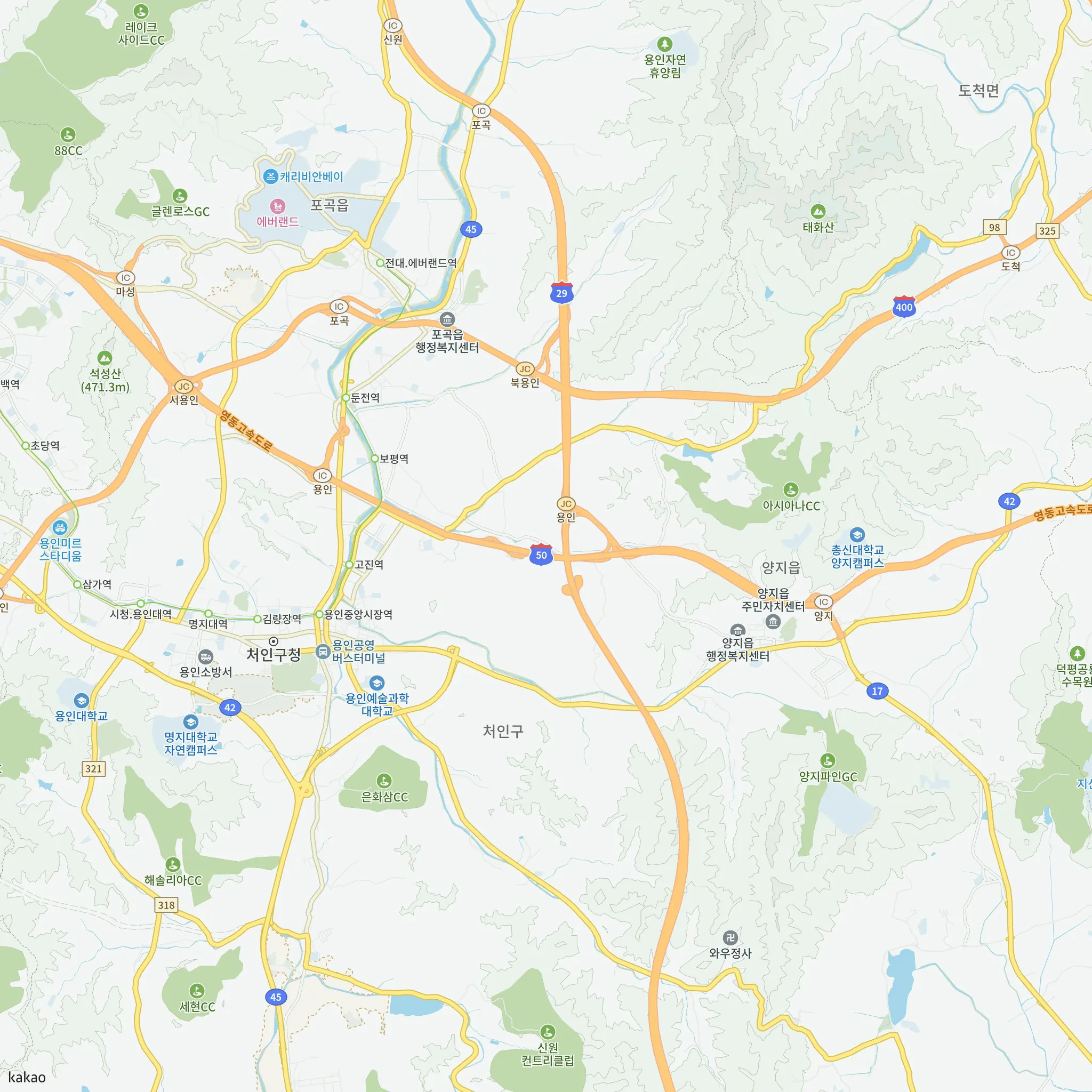 용인 양지 서희스타힐스 하이뷰 (조합원 취소분) 안전마진 계산에 쓴 비교단지 중 비중 큰 5곳의 위치 지도