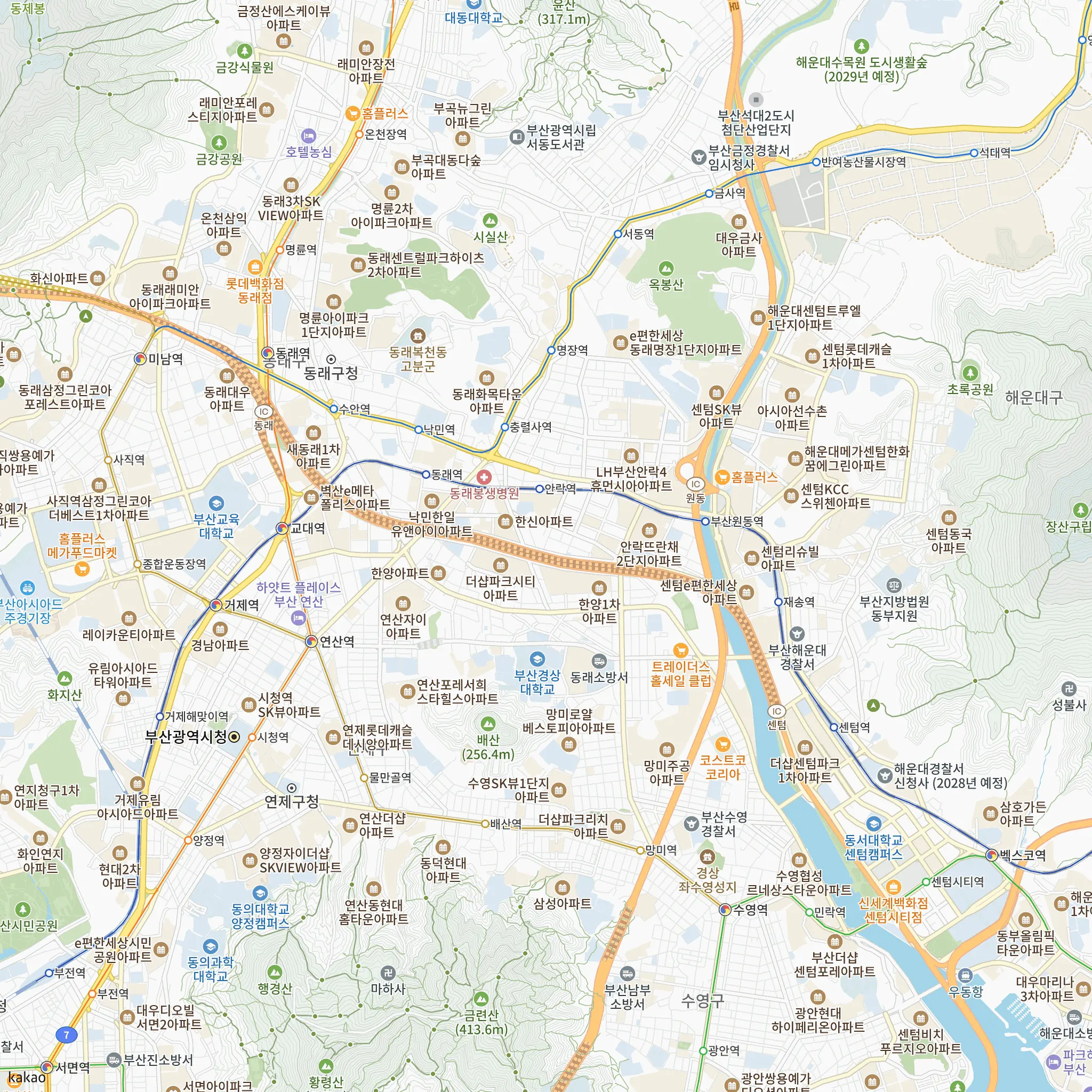 연산 센텀 월드메르디앙에서 가장 가까운 부산원동역과 부산1호선·부산2호선·부산3호선·부산4호선·동해선 노선 지도