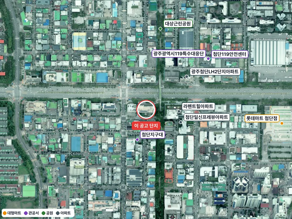 광주첨단 H-1,2,3BL 행복주택 예비입주자 모집(2026.10.15.공고) 항공사진 — 빨간 원이 대표 단지 「광주첨단 H-3BL」 위치(국토부 브이월드) · 주변 시설 8곳 표시