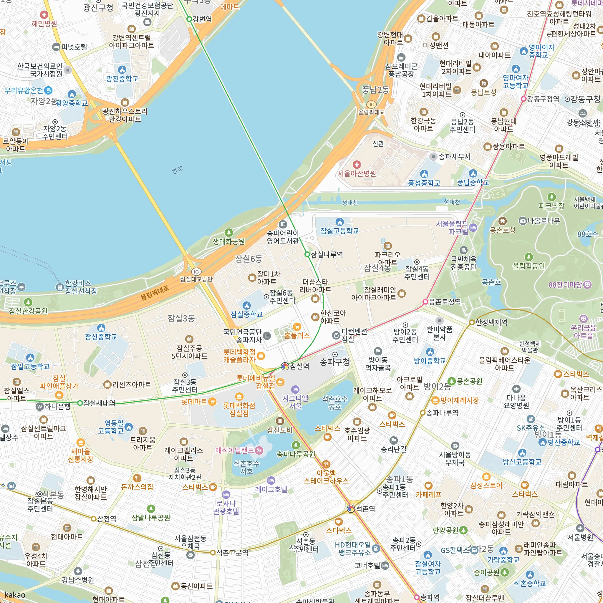 잠실에떼르넬비욘드에서 가장 가까운 몽촌토성역과 2호선·5호선·8호선·9호선 노선 지도