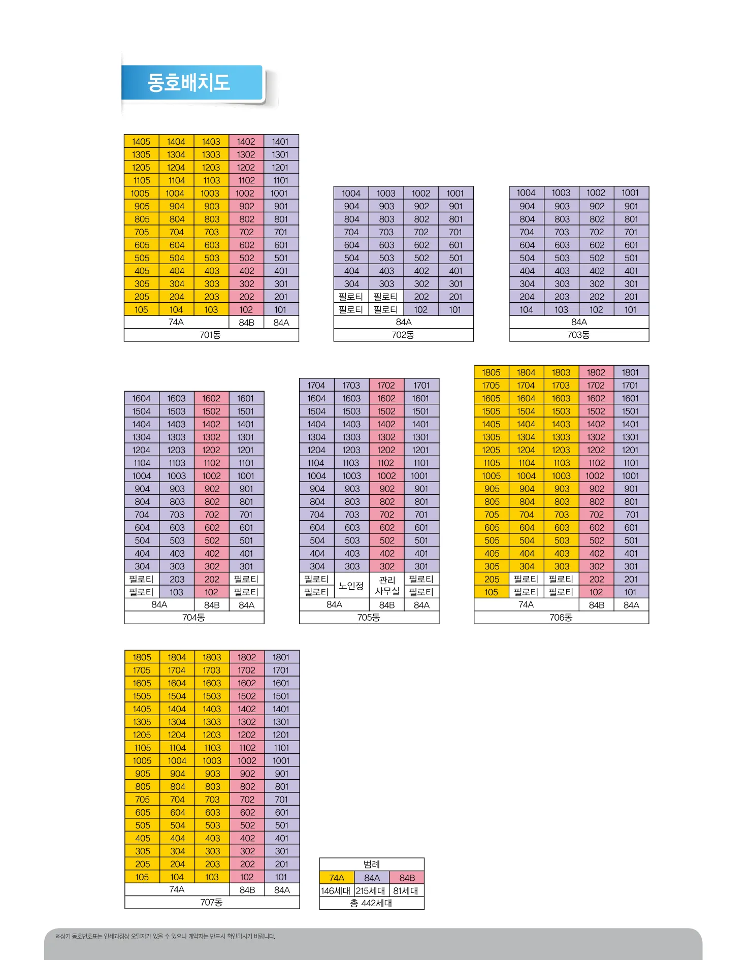 대곡 호정포레스트, 풍경그린, 옥포 르상트레빌, 테크노4 10년공공임대주택 예비입주자 모집 옥포 르상트레빌 동호수 배치도(LH 공식 첨부 8쪽)