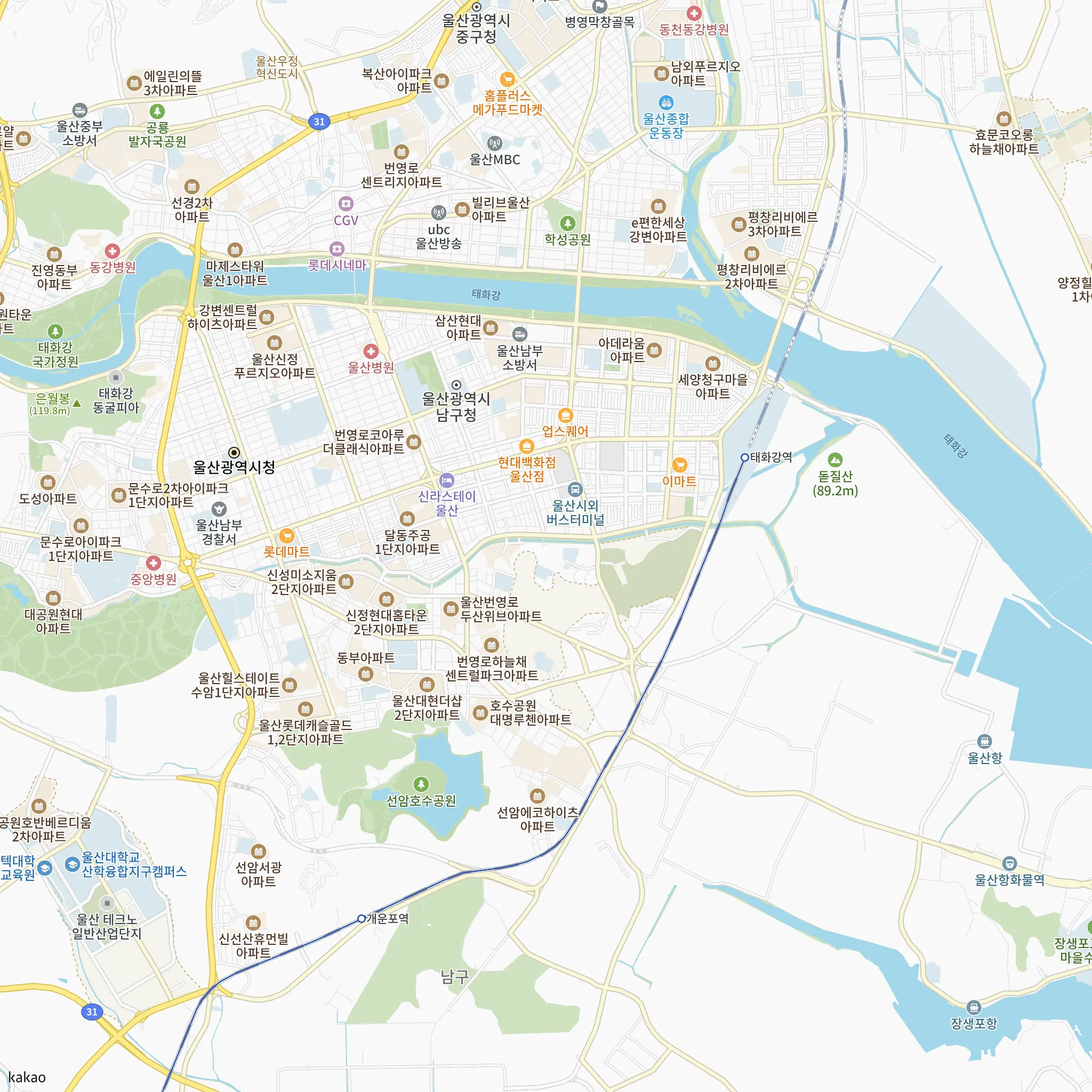 울산반구 수자인 더센트럴에서 가장 가까운 태화강역과 동해선 노선 지도