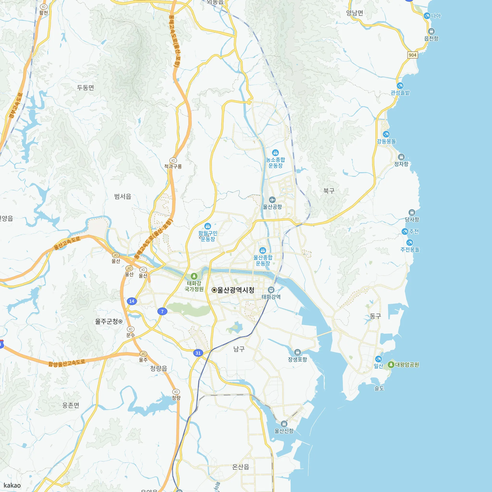 중구와 인접 지역 지도에 표시한 울산반구 수자인 더센트럴 위치