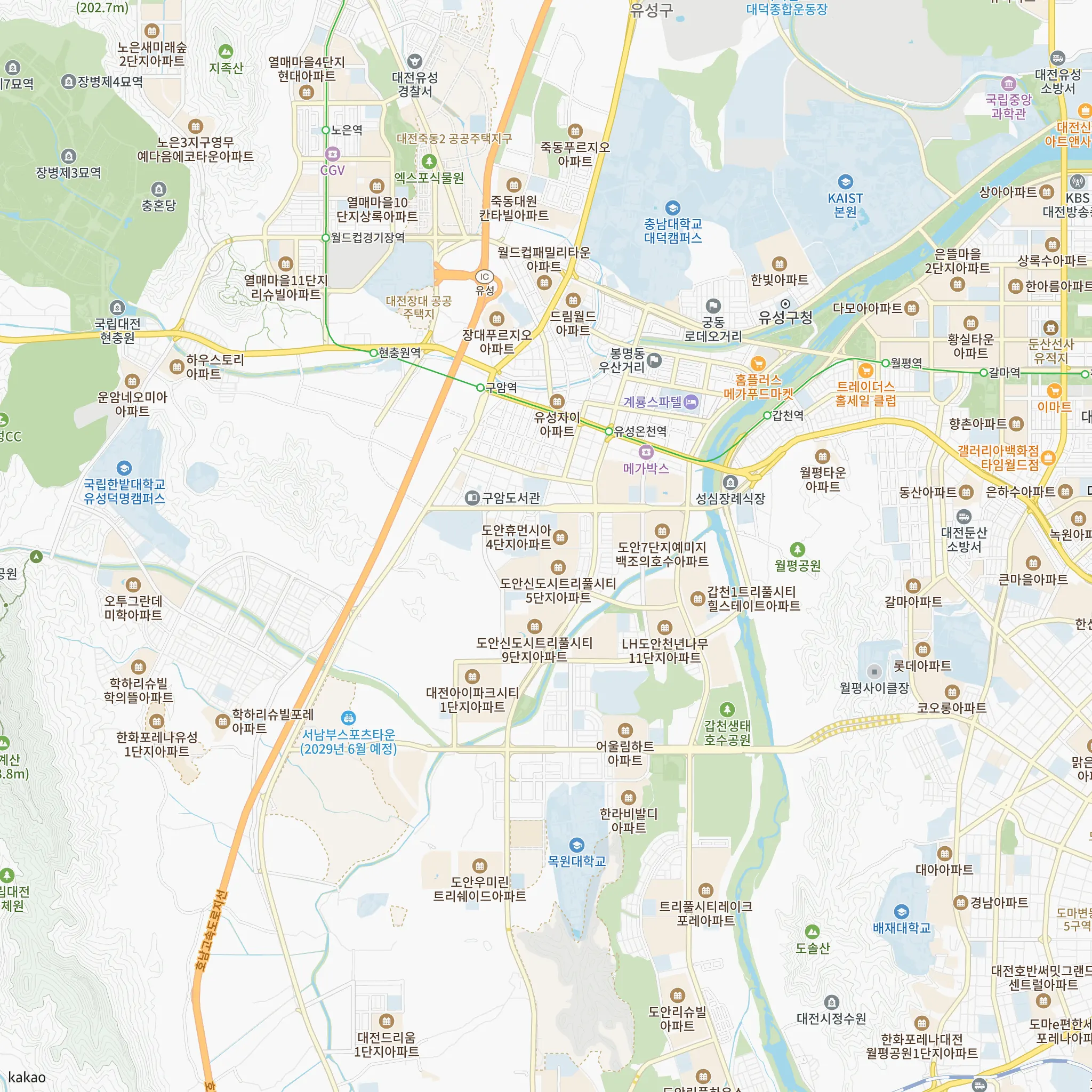 도안자이 센텀리체 1단지에서 가장 가까운 유성온천역과 대전1호선 노선 지도