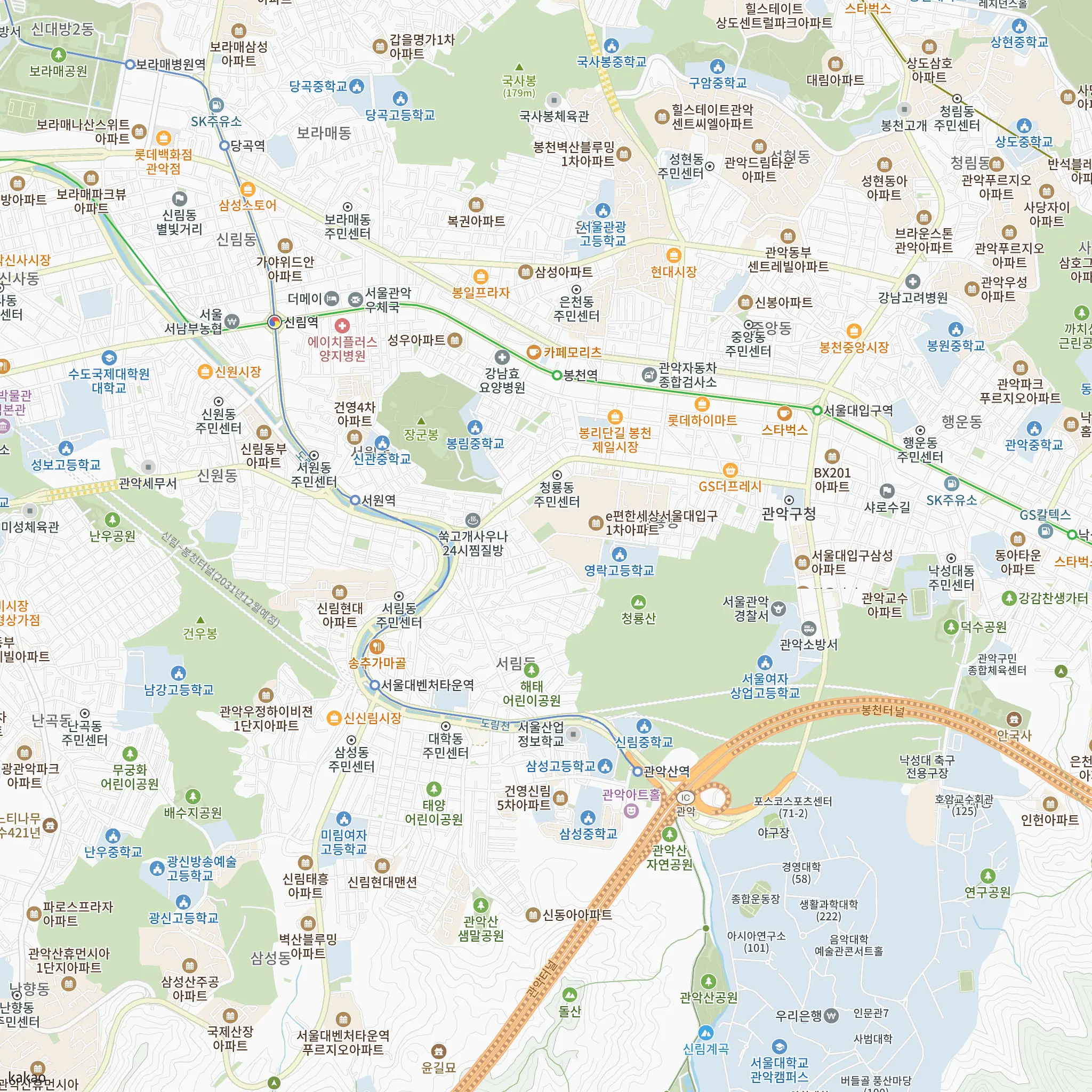 신림스카이아파트(20차)에서 가장 가까운 서울대벤처타운역과 2호선·신림선 노선 지도