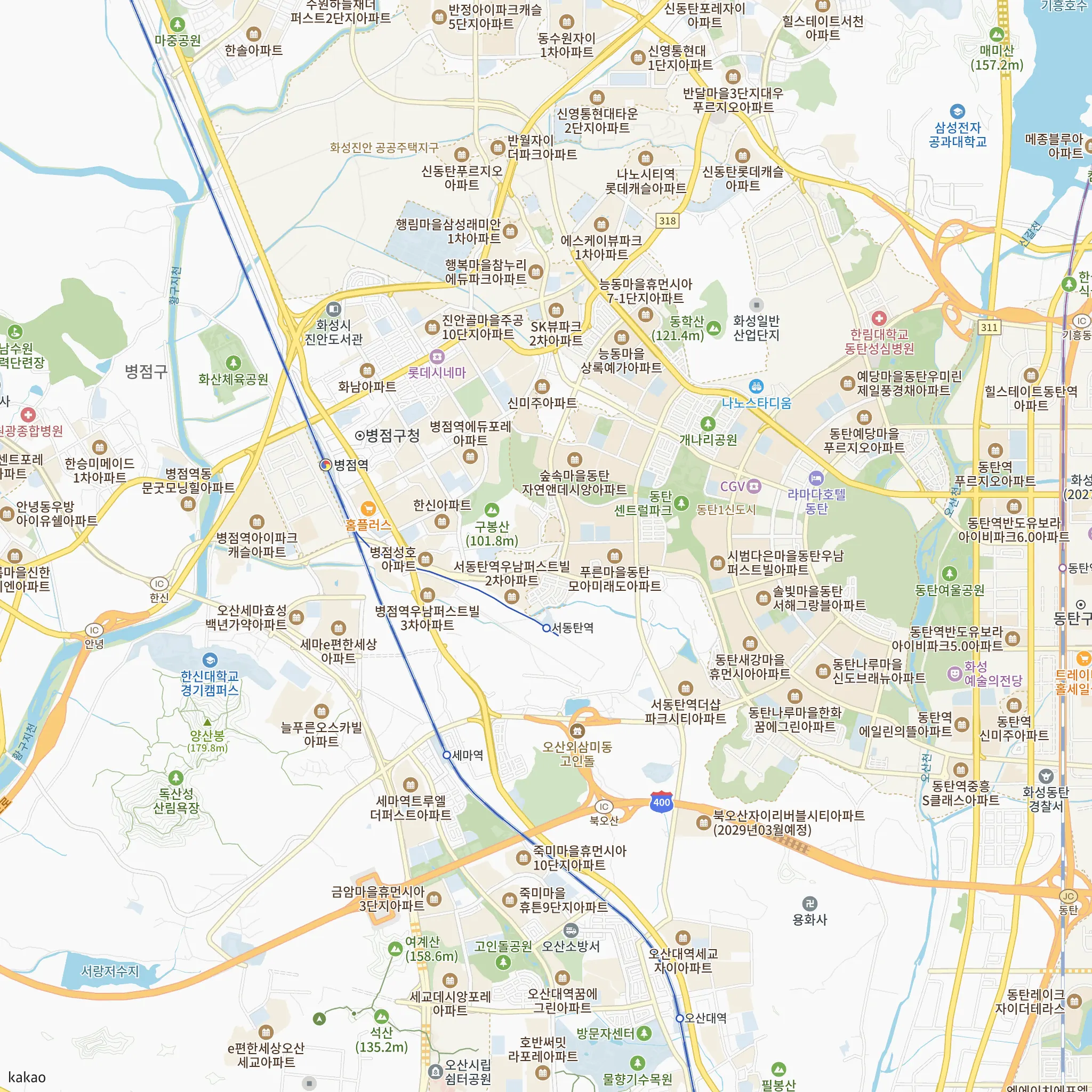 아크메르 동탄 95에서 가장 가까운 서동탄역과 1호선·GTX-A 노선 지도