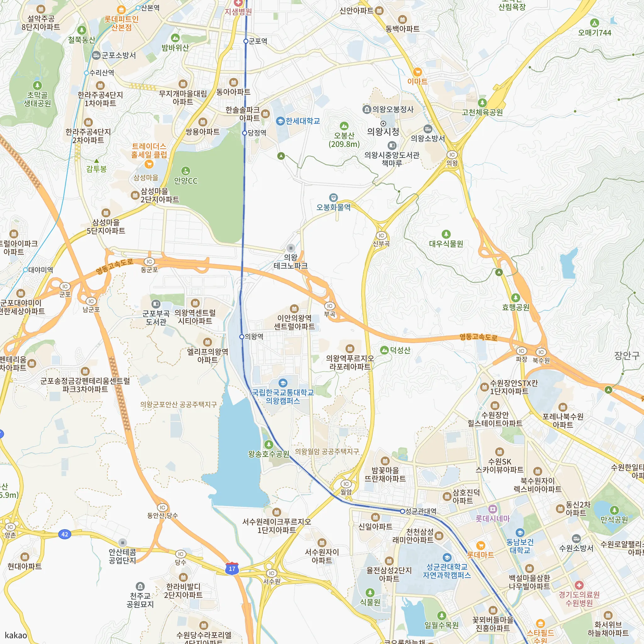 의왕역 한신더휴에서 가장 가까운 의왕역과 1호선·4호선 노선 지도